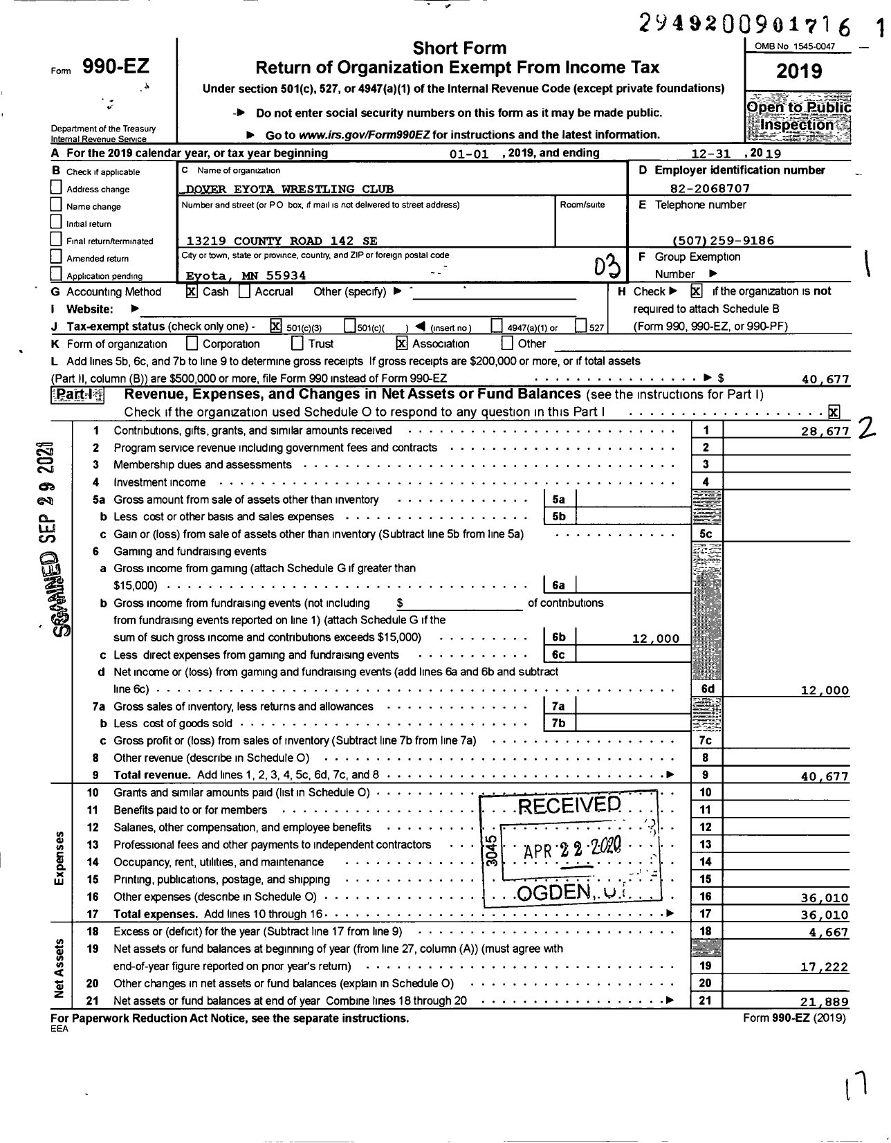 Image of first page of 2019 Form 990EZ for Dover Eyota Wrestling Club