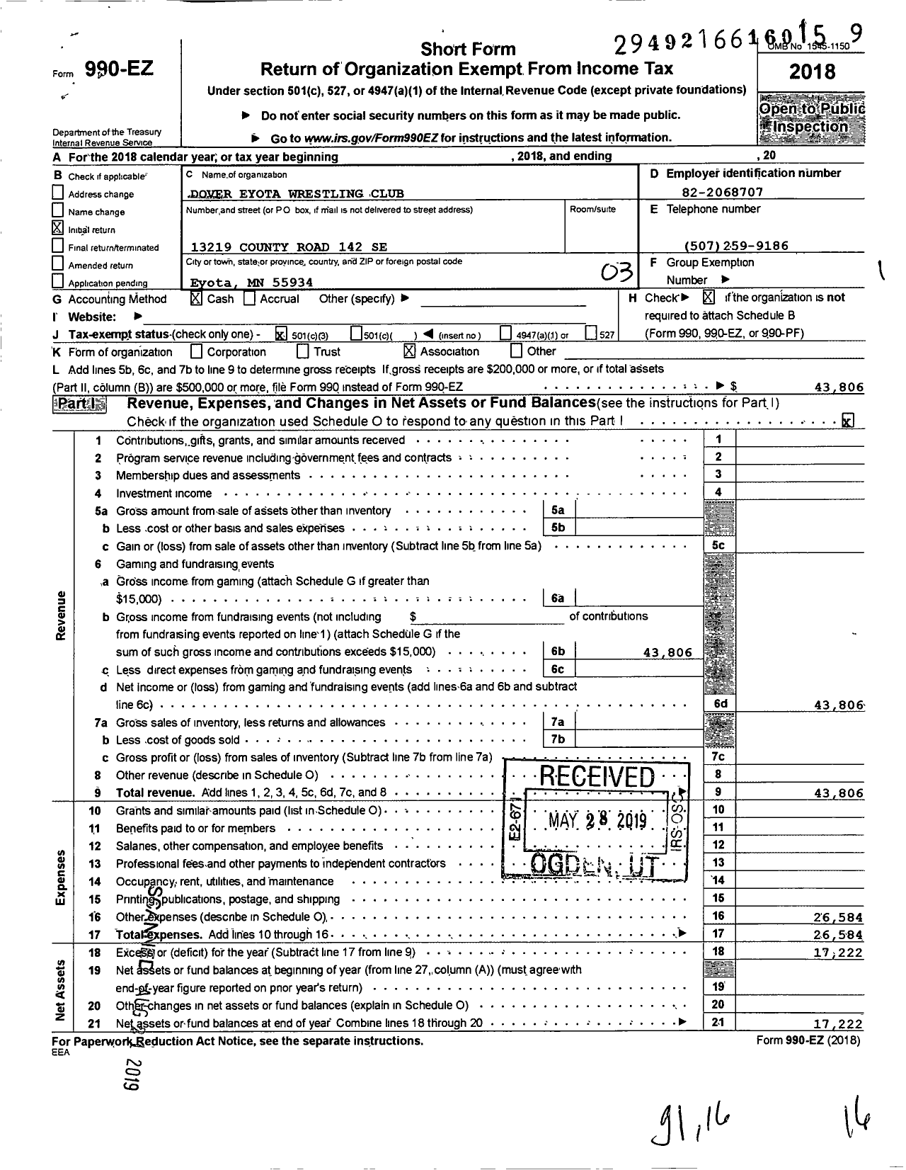 Image of first page of 2018 Form 990EZ for Dover Eyota Wrestling Club