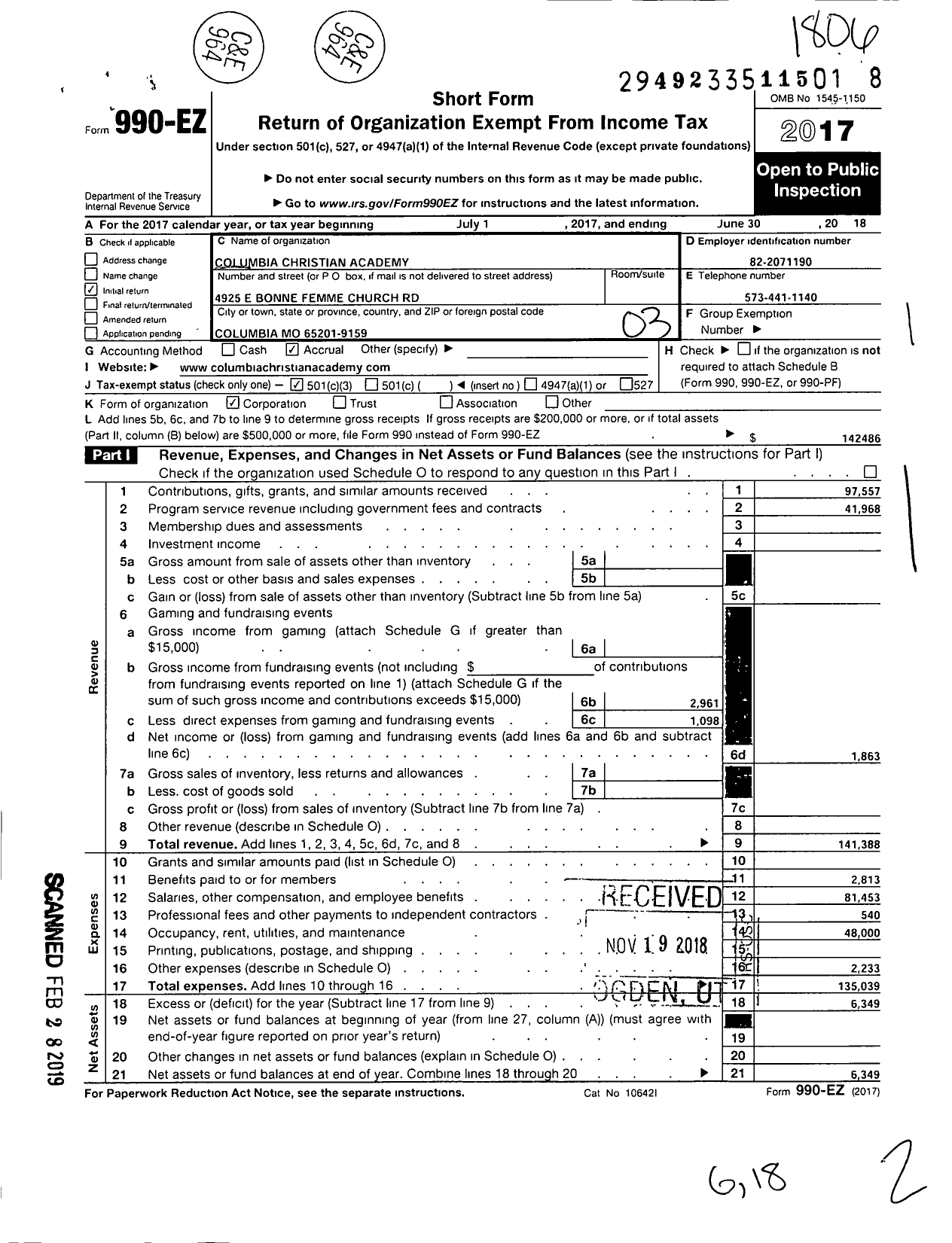 Image of first page of 2017 Form 990EZ for Columbia Christian Academy