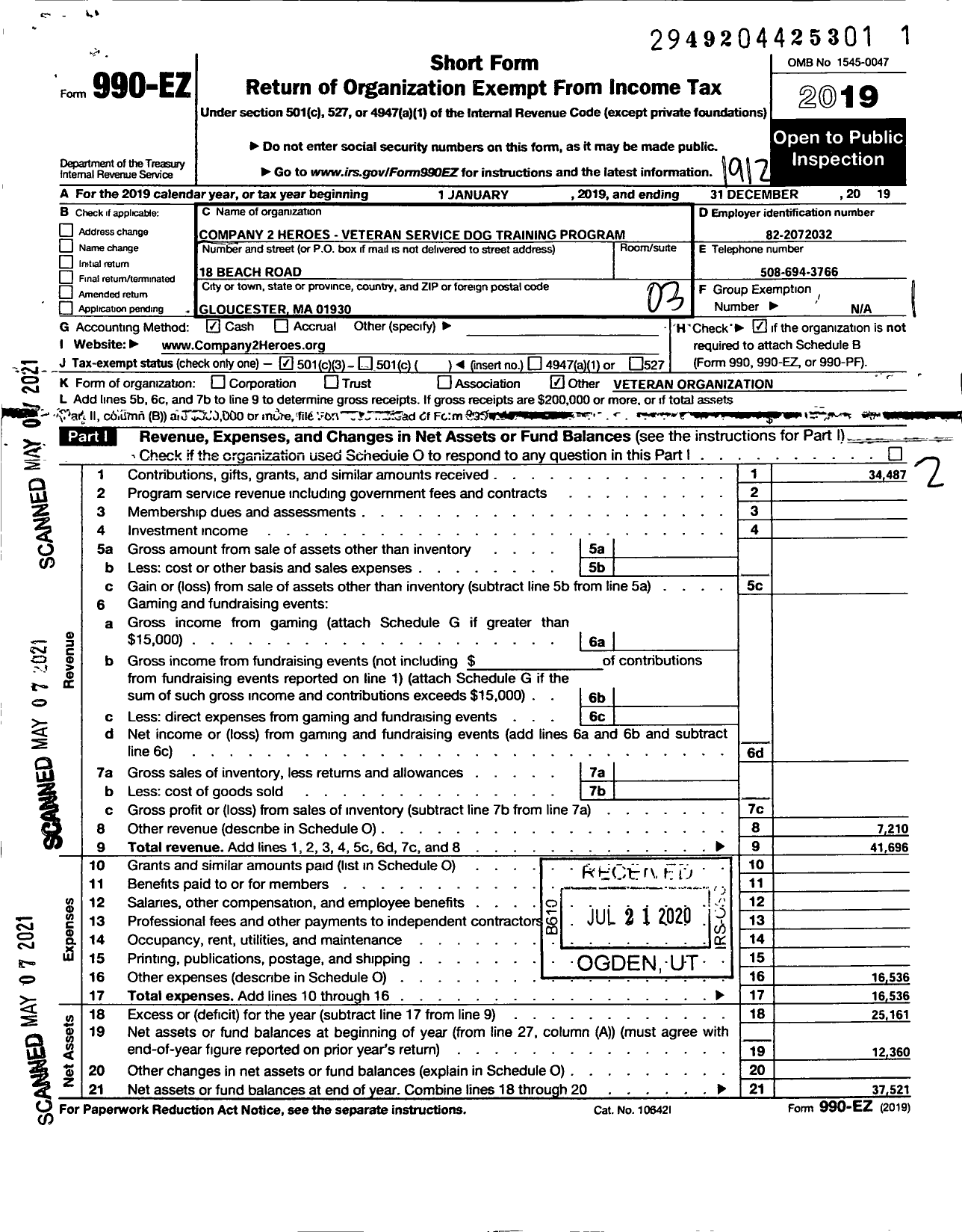 Image of first page of 2019 Form 990EZ for Company 2 Heroes - Veteran Service Dog Training Program