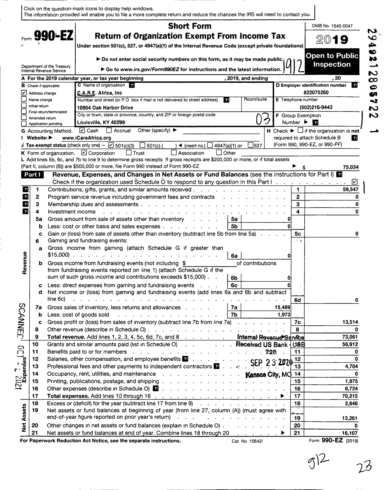 Image of first page of 2019 Form 990EZ for CARE Africa