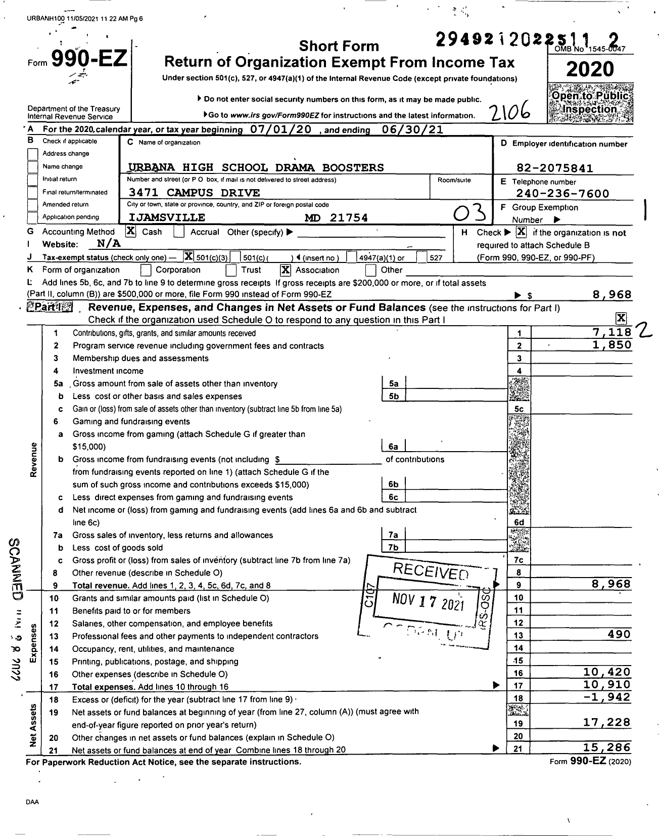 Image of first page of 2020 Form 990EZ for Urbana High School Drama Boosters