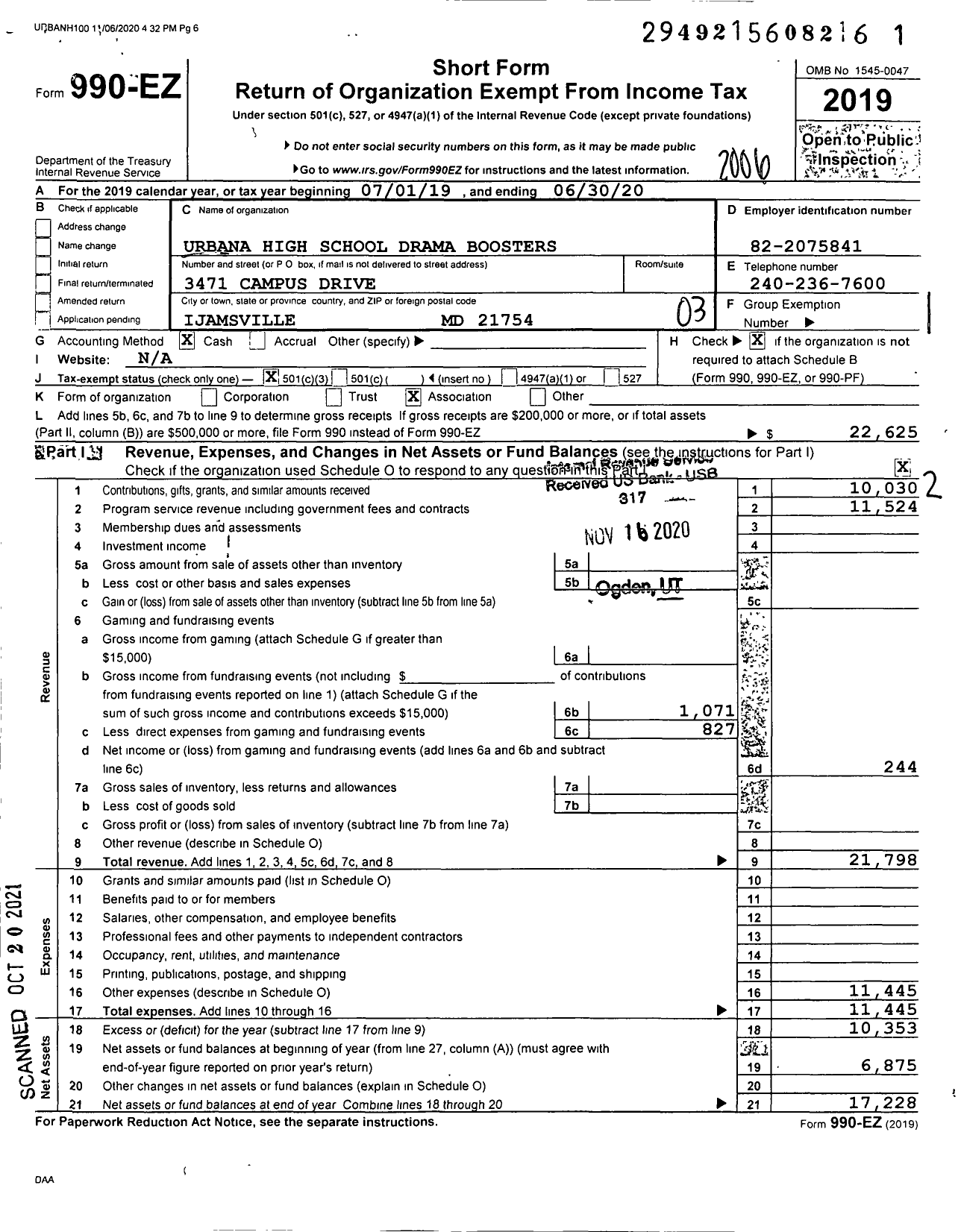 Image of first page of 2019 Form 990EZ for Urbana High School Drama Boosters