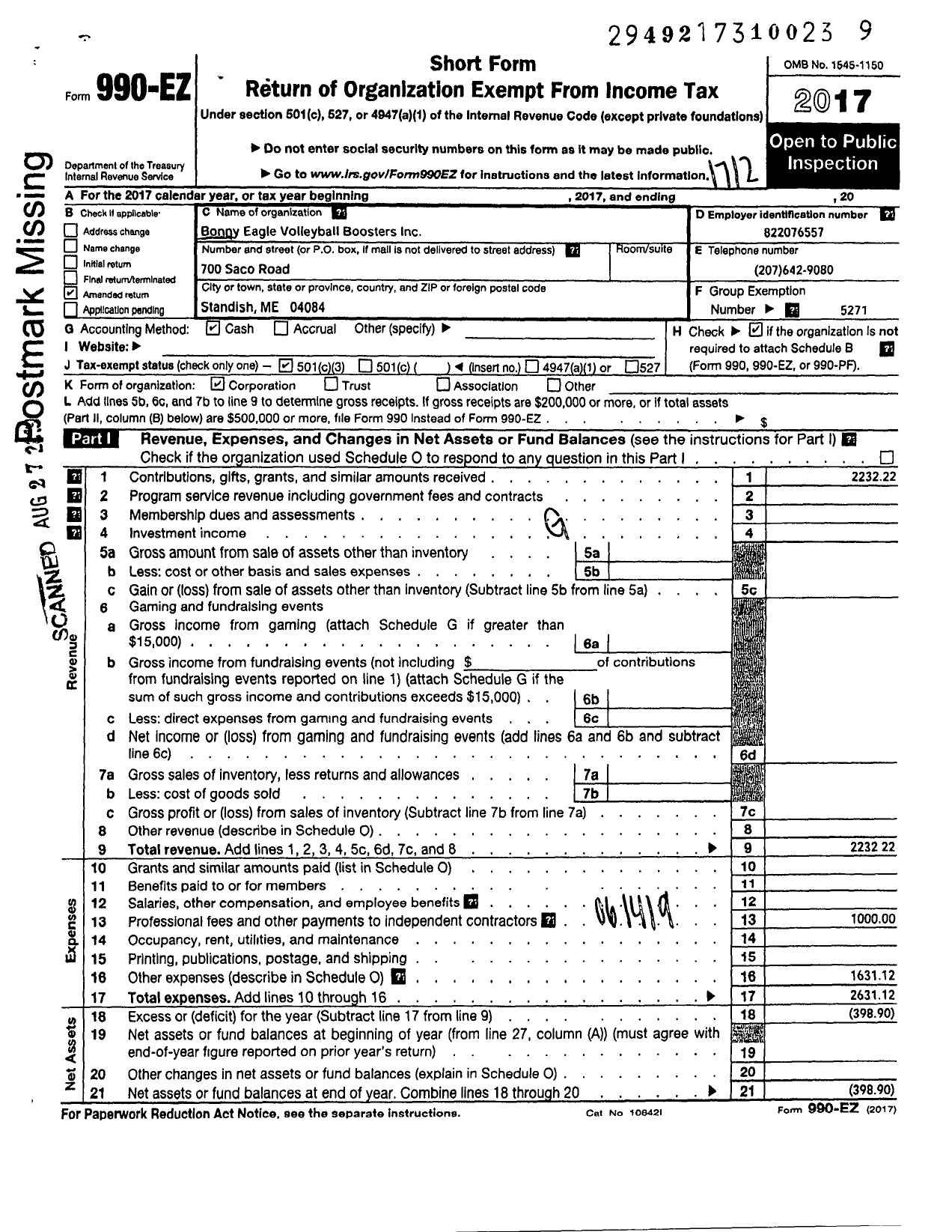 Image of first page of 2017 Form 990EZ for Parent Booster USA / Bonny Eagle Volleyball Boosters Inc