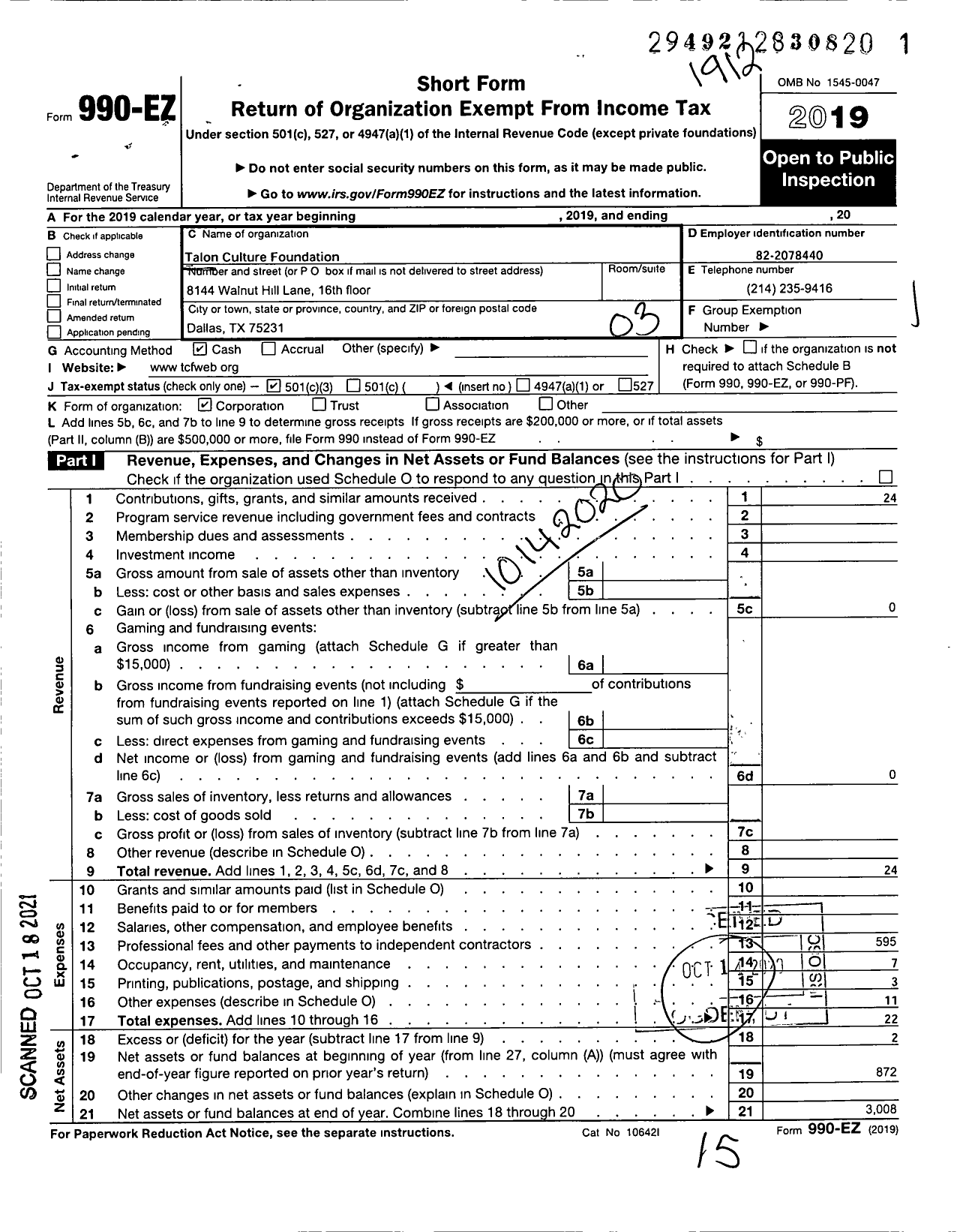 Image of first page of 2019 Form 990EZ for Talon Culture Foundation