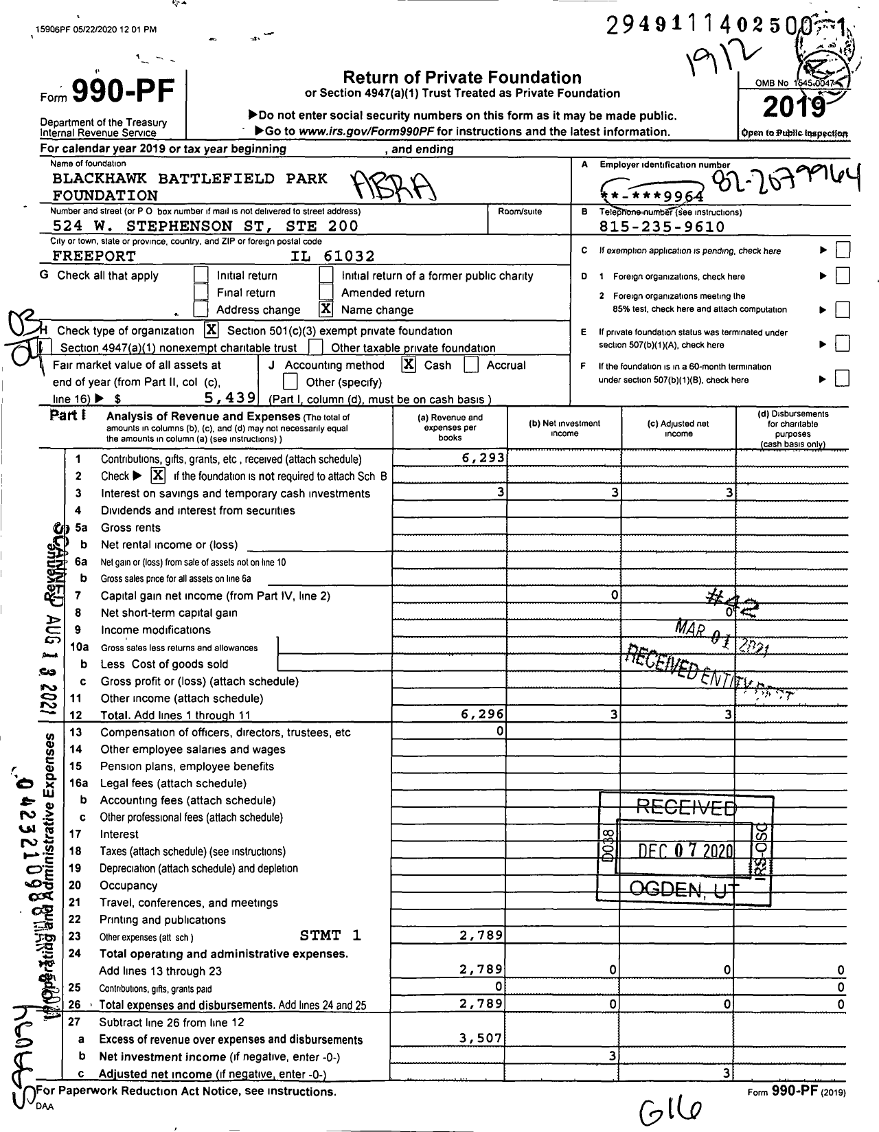 Image of first page of 2019 Form 990PF for Abraham Lincoln Sculpture Project