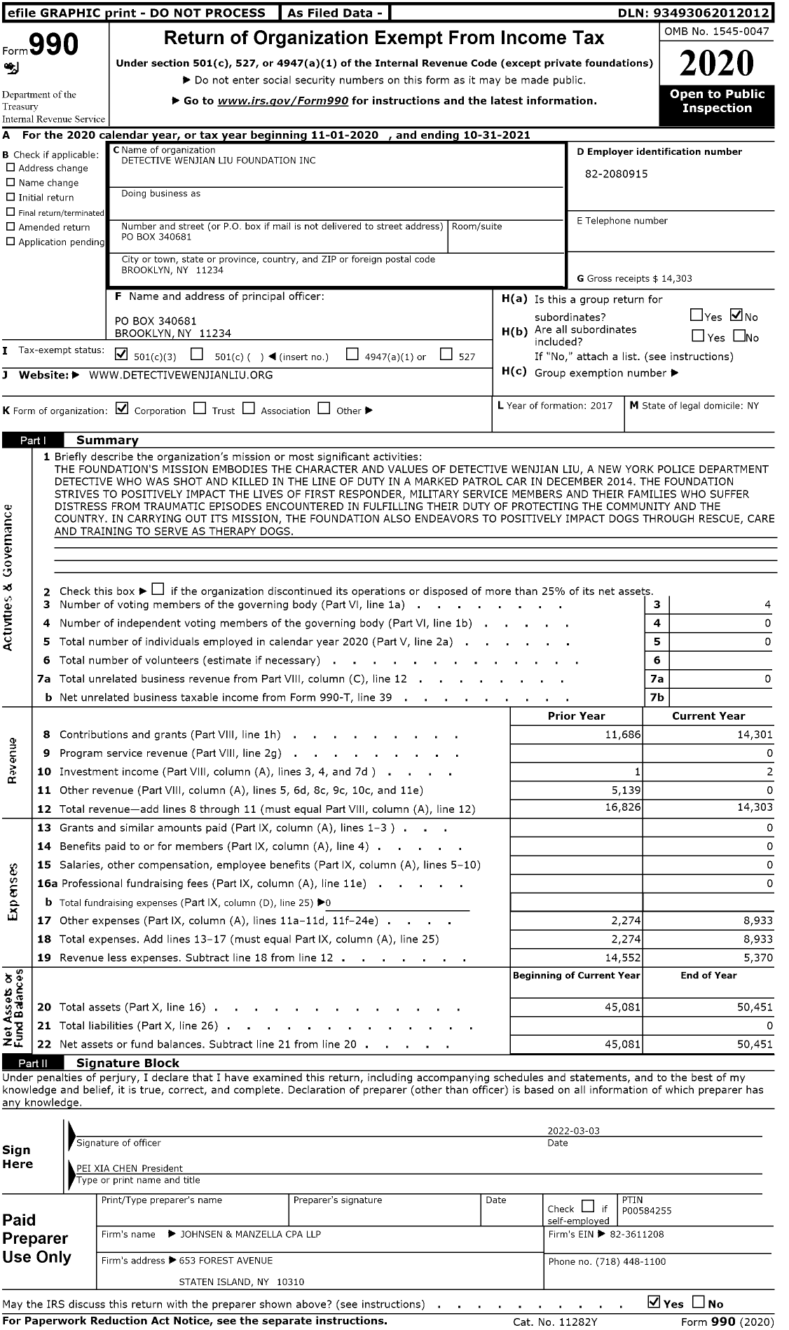 Image of first page of 2020 Form 990 for Detective Wenjian Liu Foundation