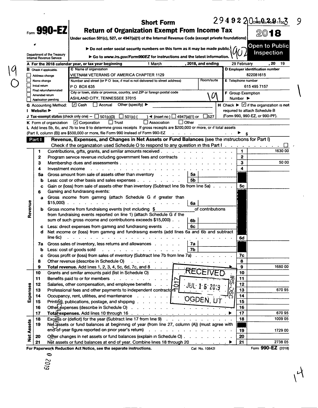 Image of first page of 2018 Form 990EO for Vietnam Veterans of America