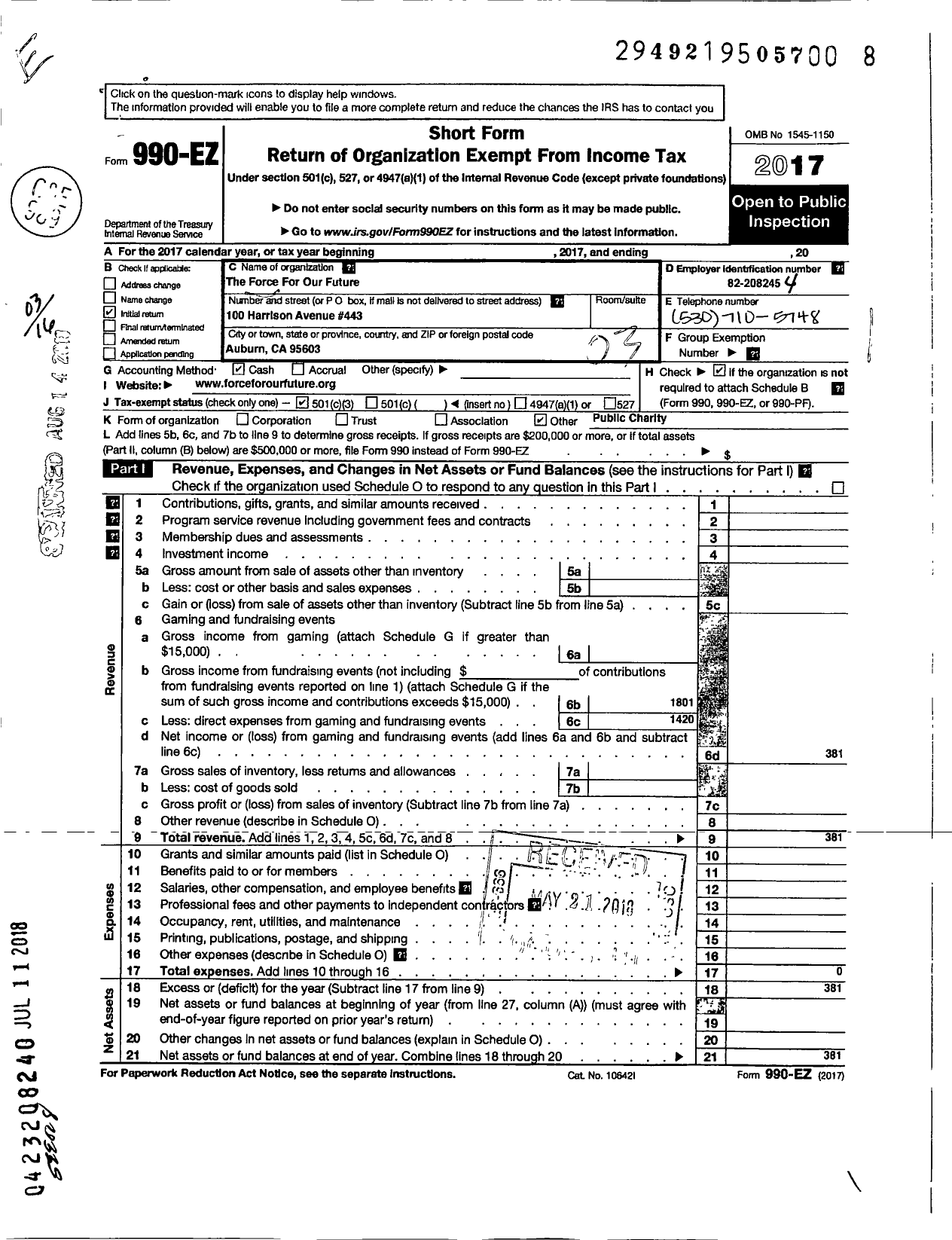 Image of first page of 2017 Form 990EZ for Force for Our Future