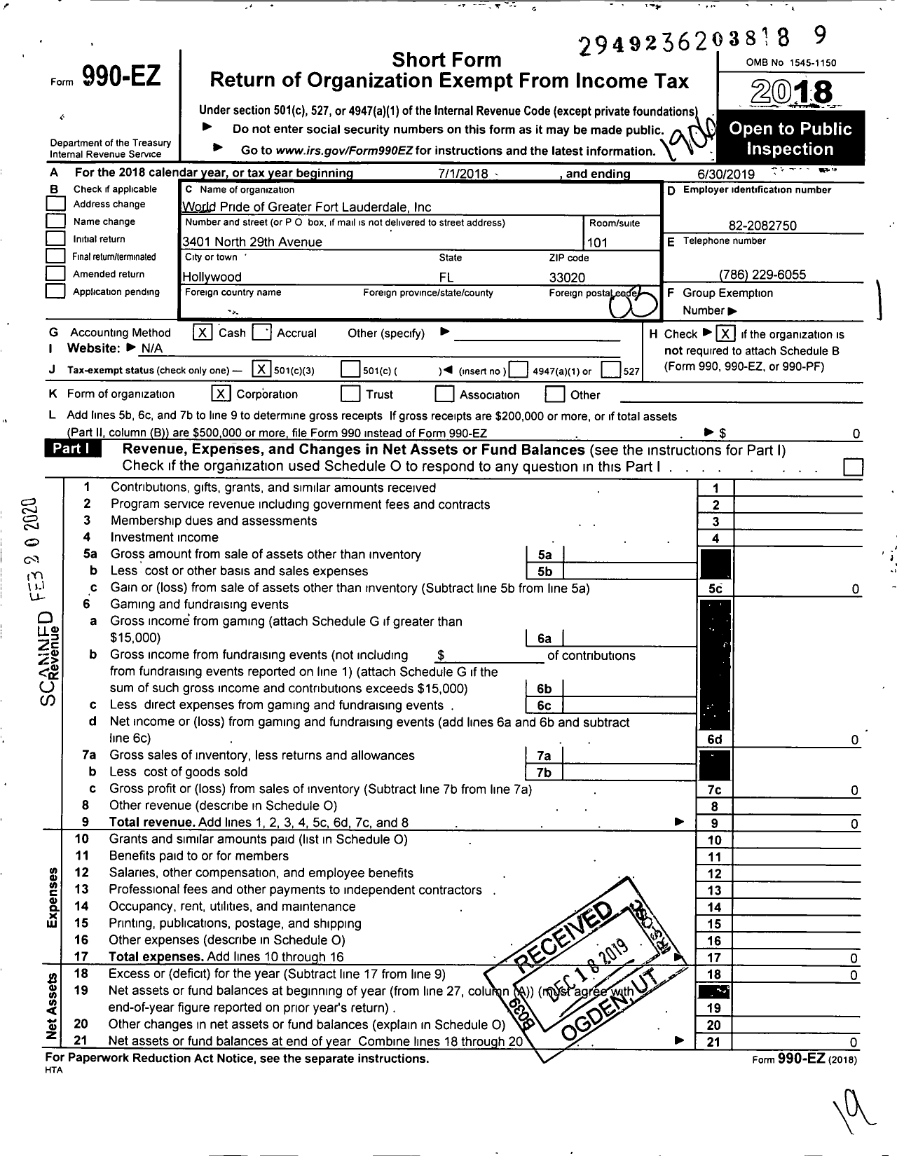 Image of first page of 2018 Form 990EZ for World Pride of Greater Fort Lauderdale