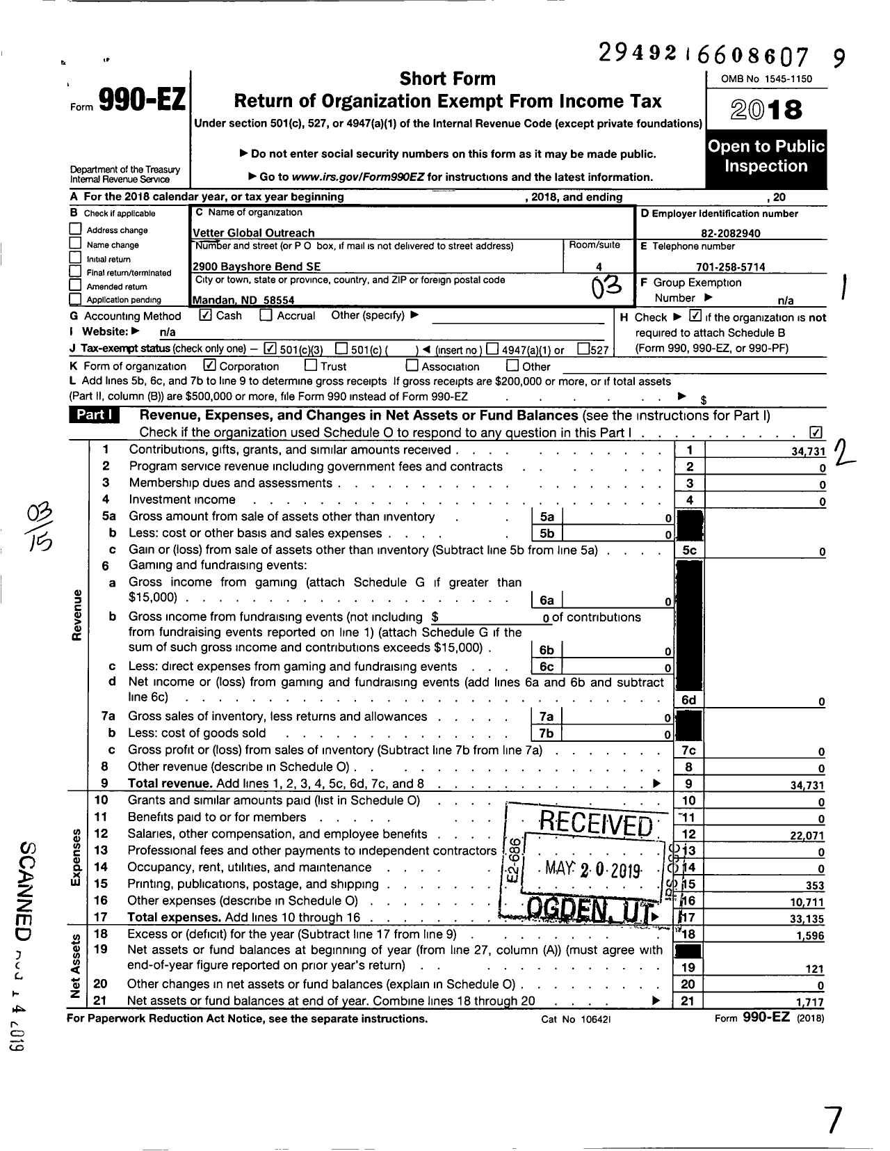 Image of first page of 2018 Form 990EZ for Vetter Global Outreach