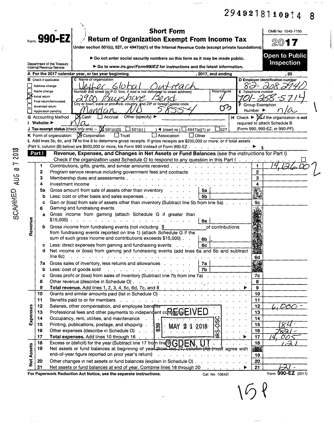 Image of first page of 2017 Form 990EZ for Vetter Global Outreach