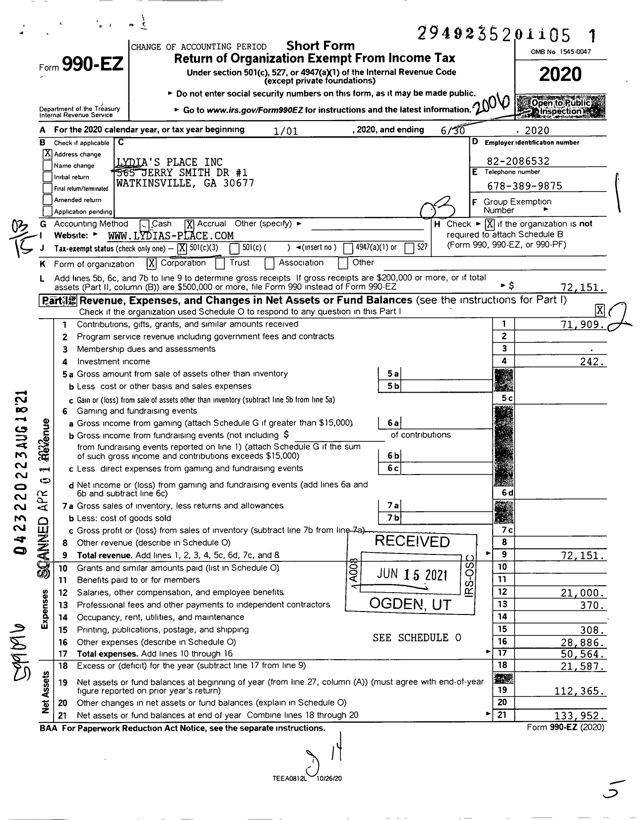 Image of first page of 2019 Form 990EZ for Lydias Place