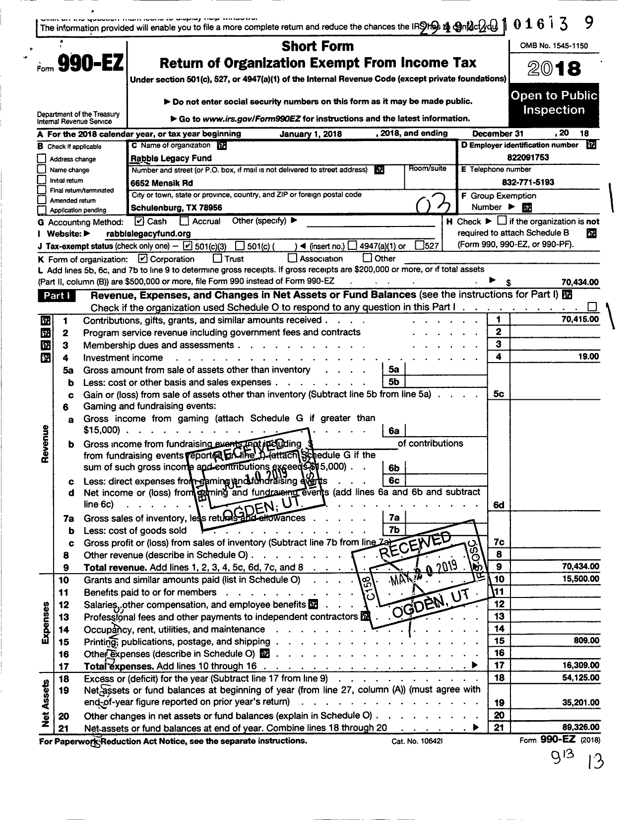 Image of first page of 2018 Form 990EZ for Rabbis Legacy Fund