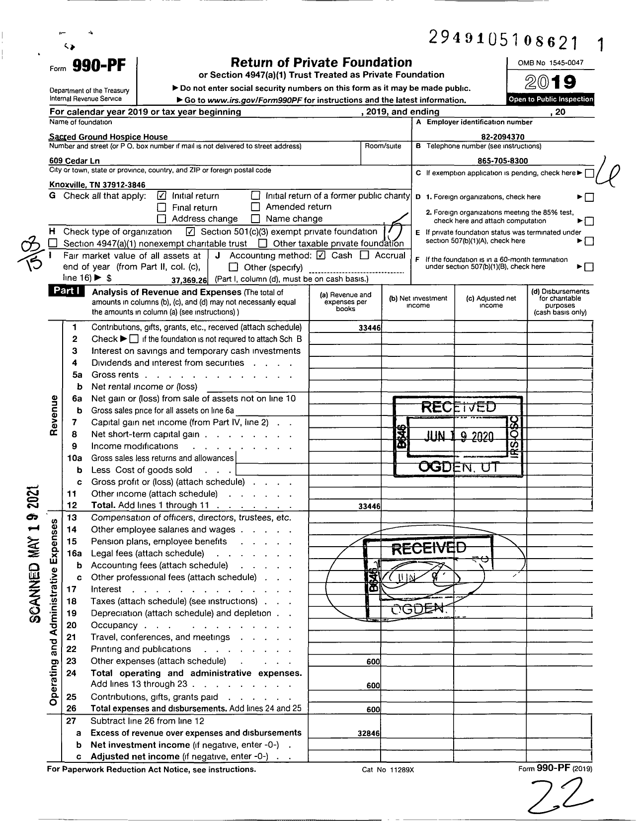 Image of first page of 2019 Form 990PF for Sacred Ground Hospice House