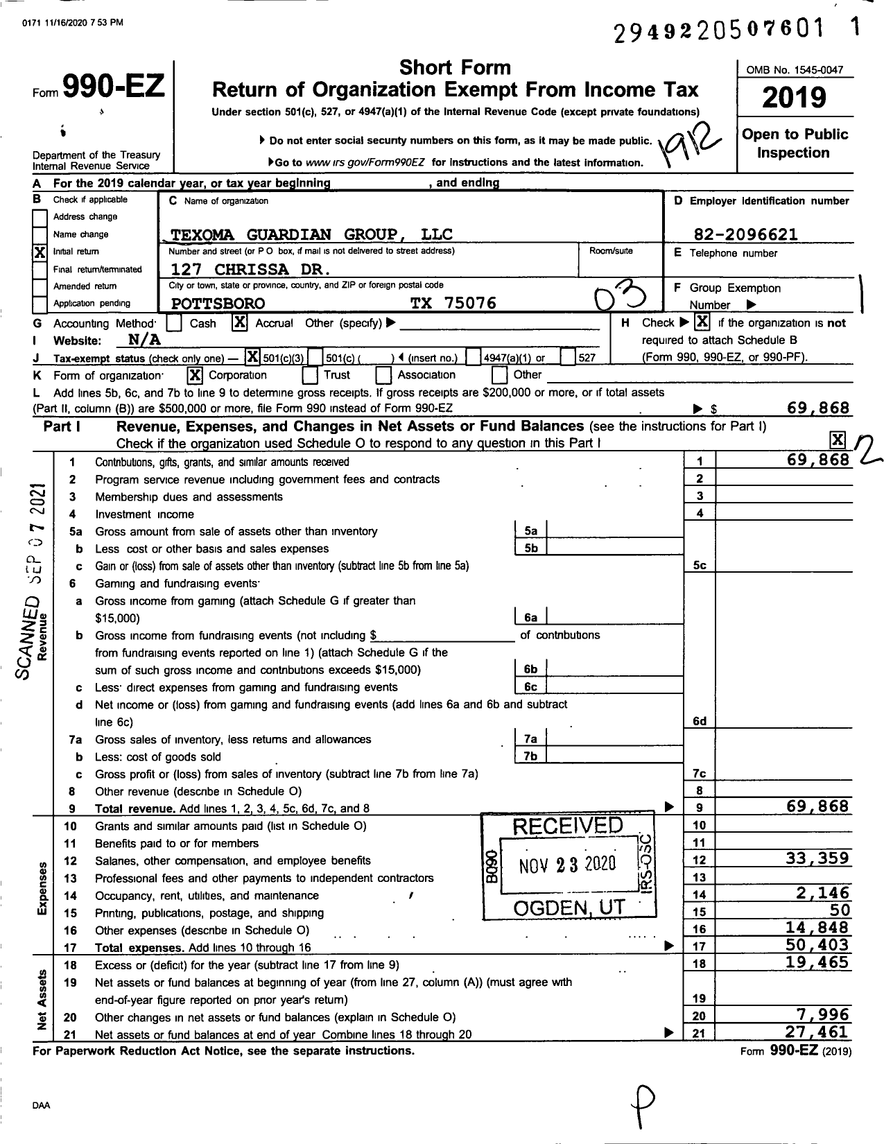 Image of first page of 2019 Form 990EZ for Texoma Guardian Group LLC