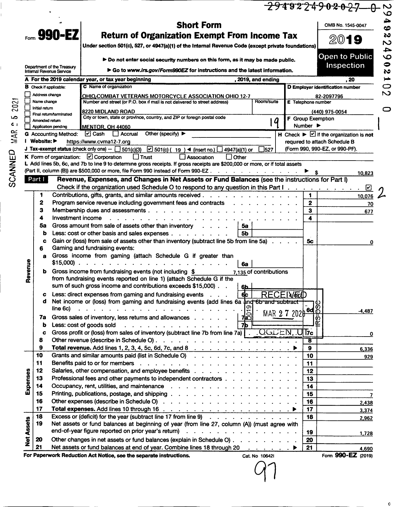 Image of first page of 2019 Form 990EO for Combat Veterans Motorcycle Association 12-7