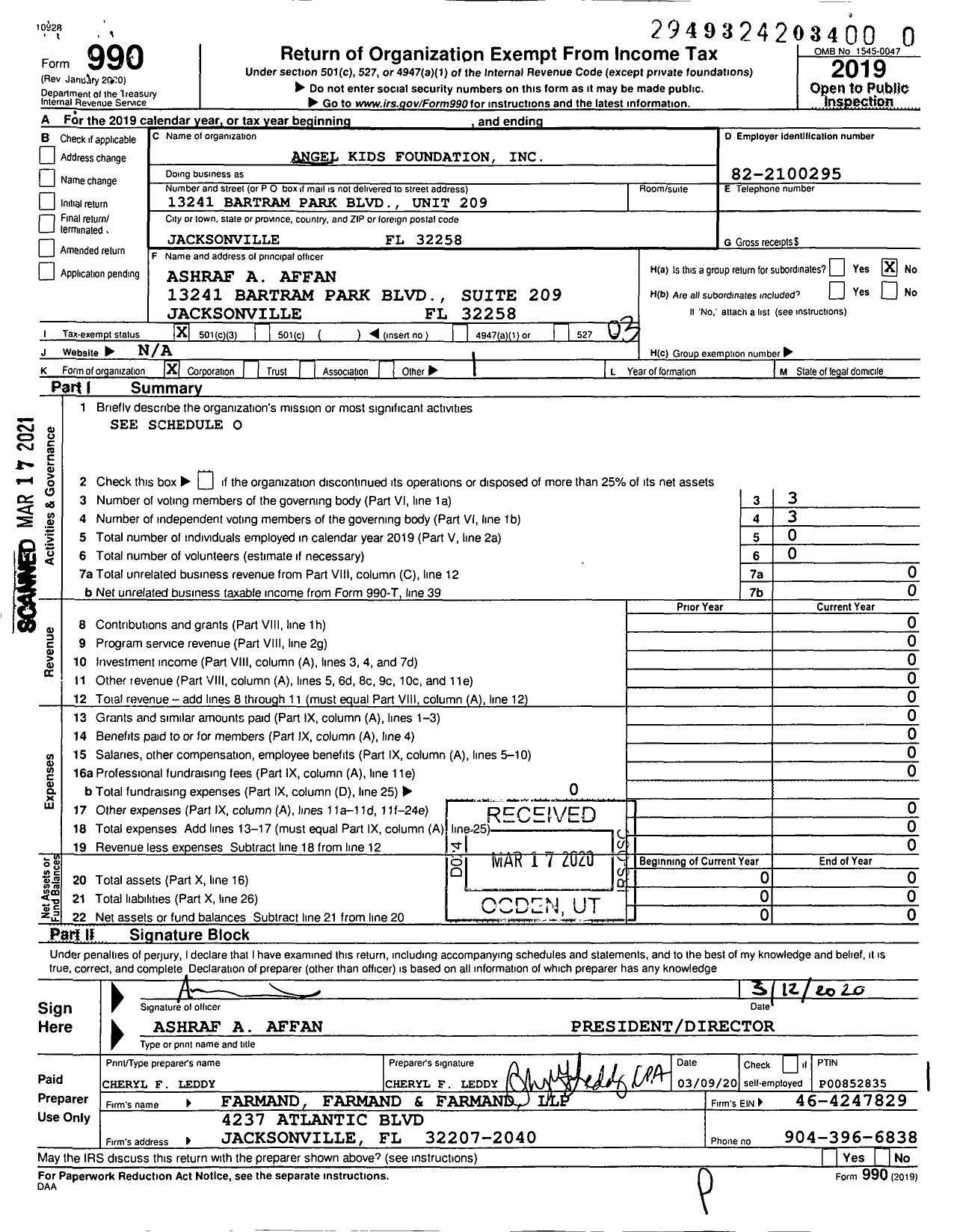 Image of first page of 2019 Form 990 for Angel Kids Foundation