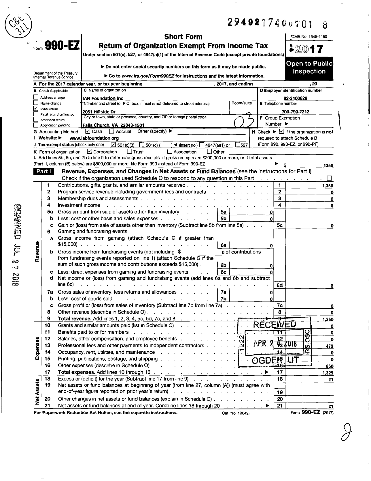 Image of first page of 2017 Form 990EZ for Iab Foundation