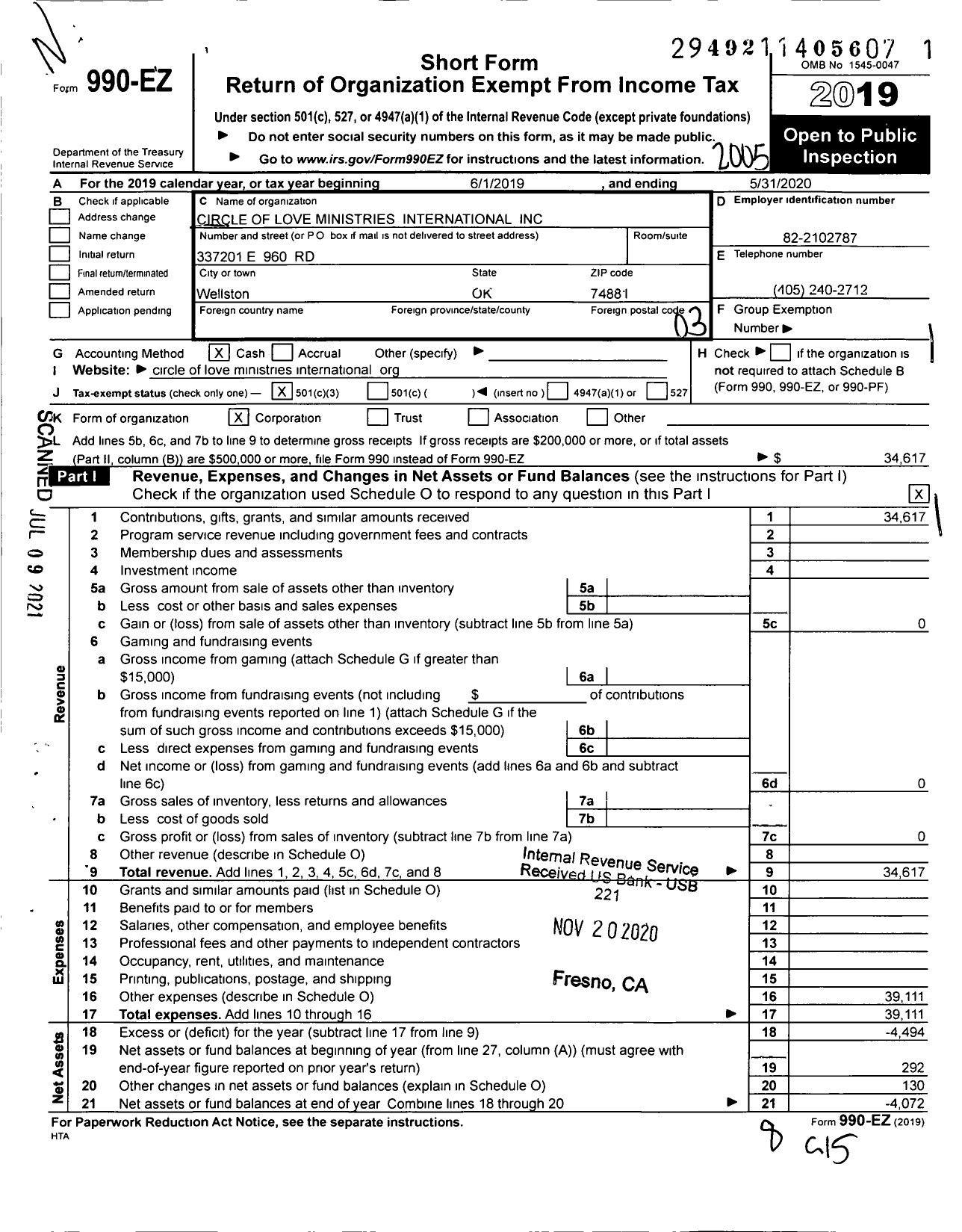 Image of first page of 2019 Form 990EZ for Circle of Love Ministries International