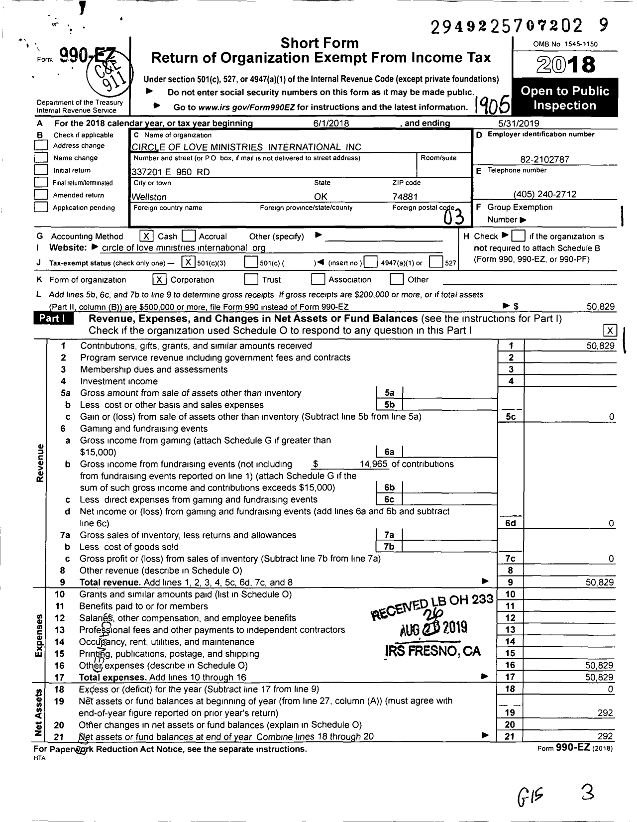 Image of first page of 2018 Form 990EZ for Circle of Love Ministries International