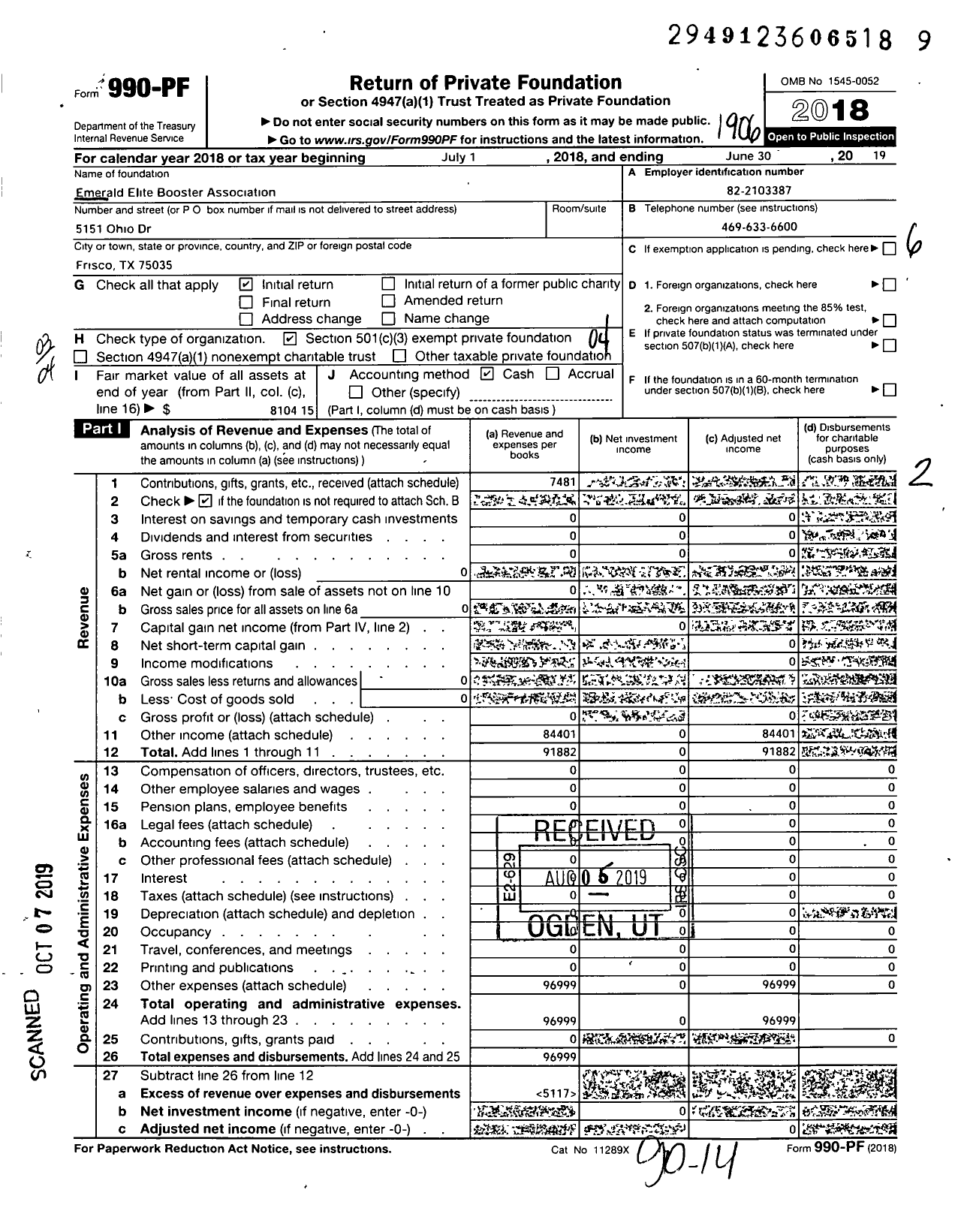 Image of first page of 2018 Form 990PF for Emerald Elite Booster Association