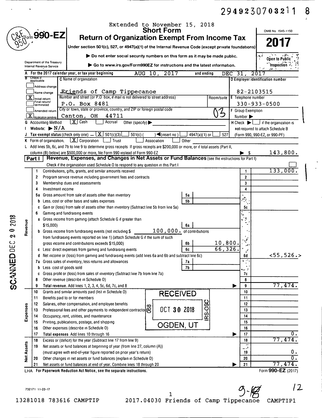 Image of first page of 2017 Form 990EZ for Friends of Camp Tippecanoe