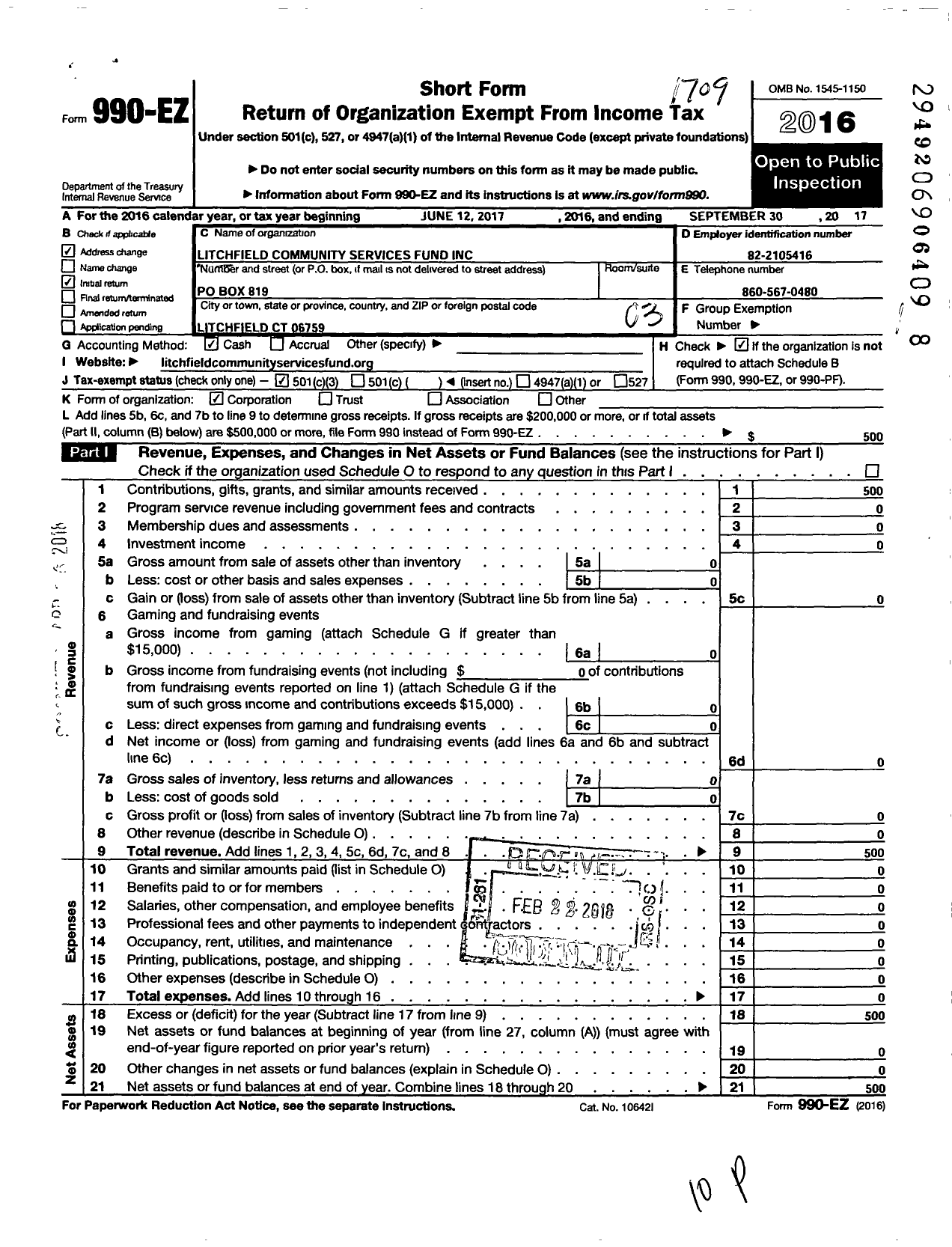 Image of first page of 2016 Form 990EZ for Litchfield Community Services Fund