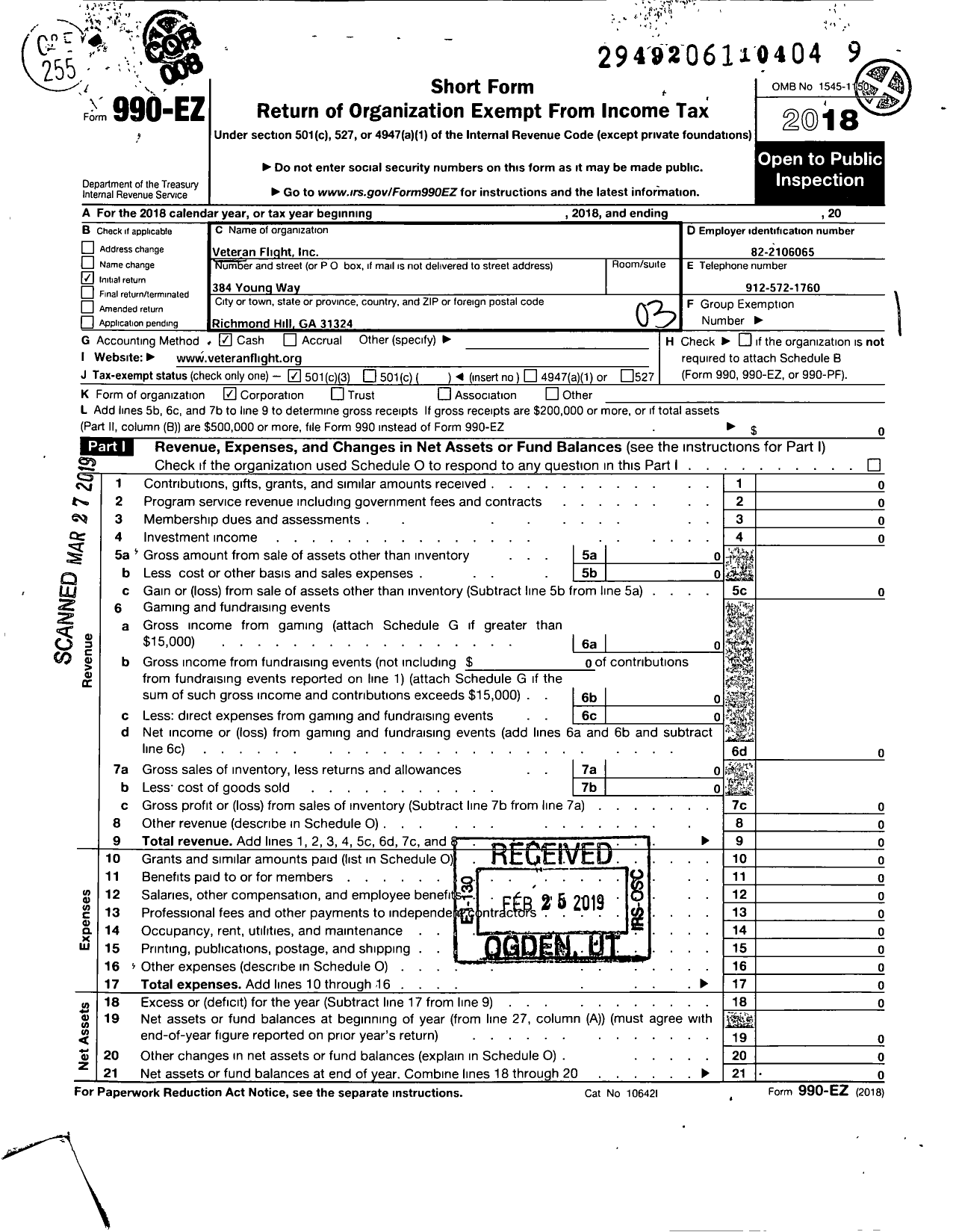 Image of first page of 2018 Form 990EZ for Veteran Flight