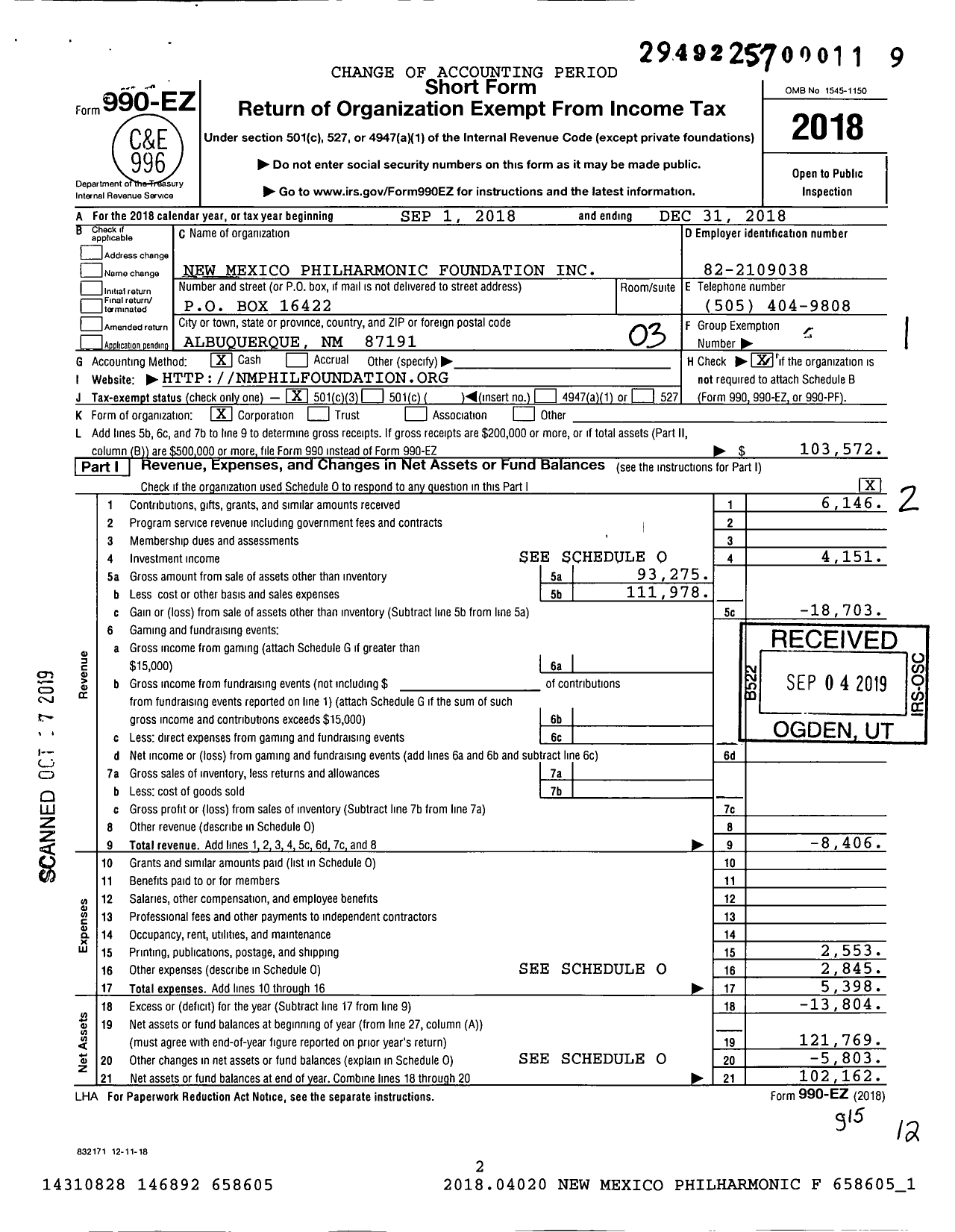 Image of first page of 2018 Form 990EZ for New Mexico Philharmonic Foundation