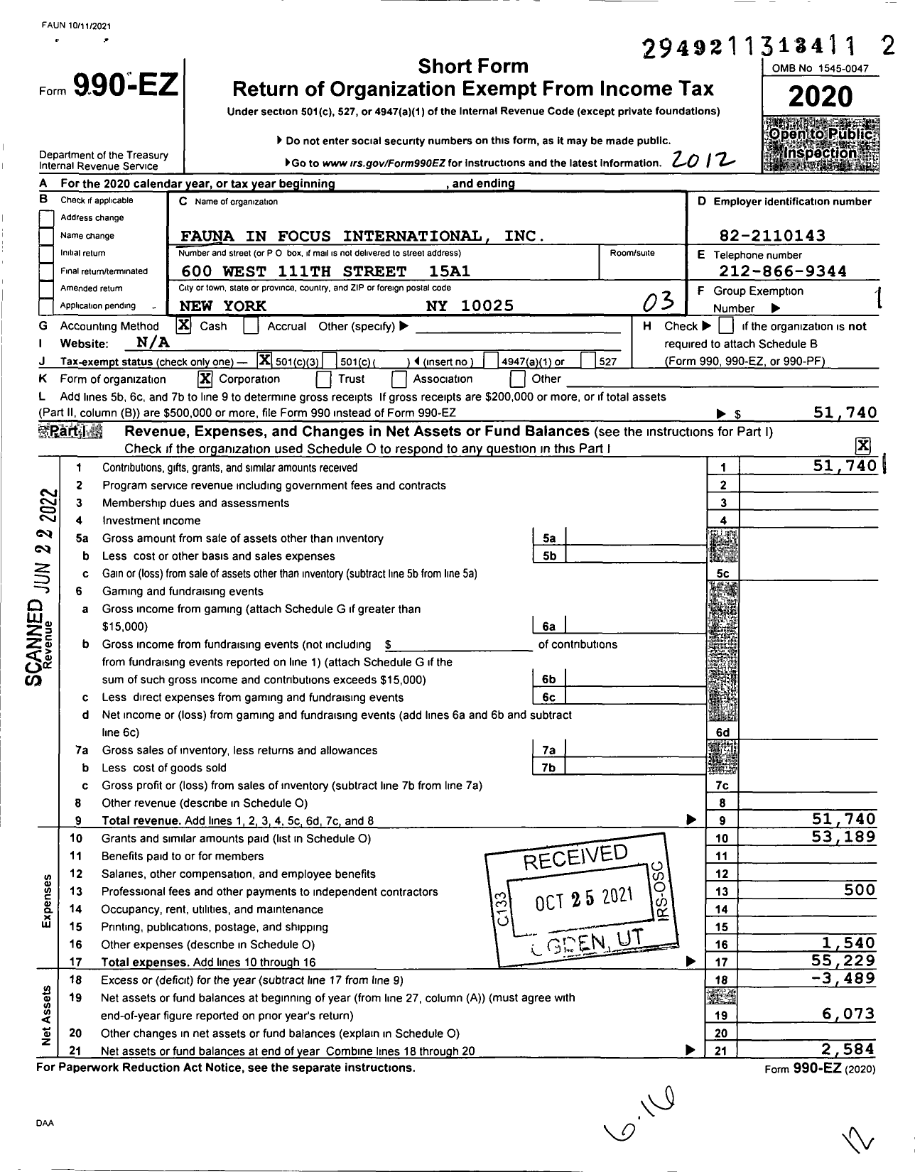 Image of first page of 2020 Form 990EZ for Fauna in Focus International