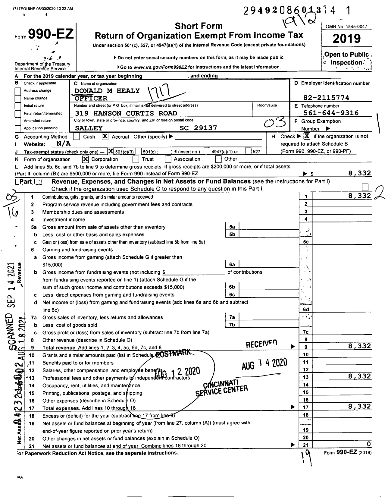 Image of first page of 2019 Form 990EZ for 1717 Equine Rehabilitation and Retirement