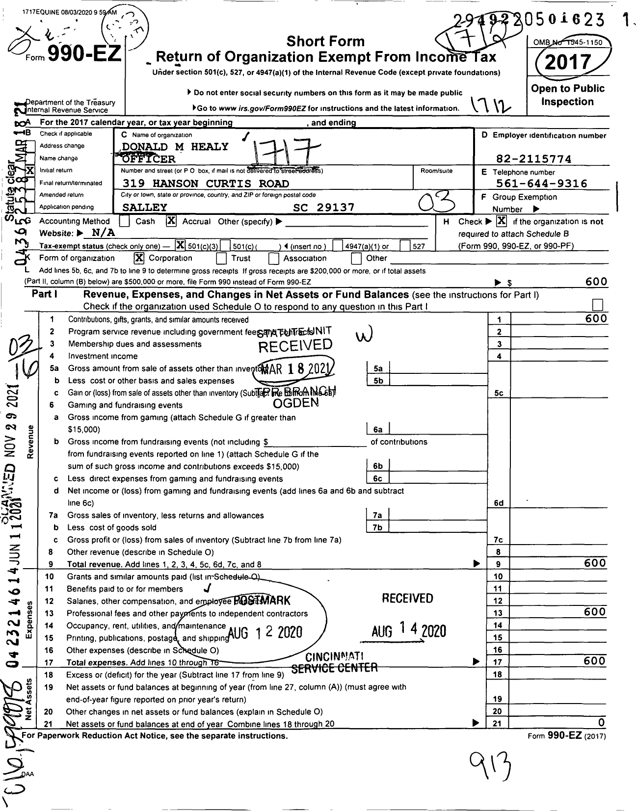 Image of first page of 2017 Form 990EZ for 1717 Equine Rehabilitation and Retirement