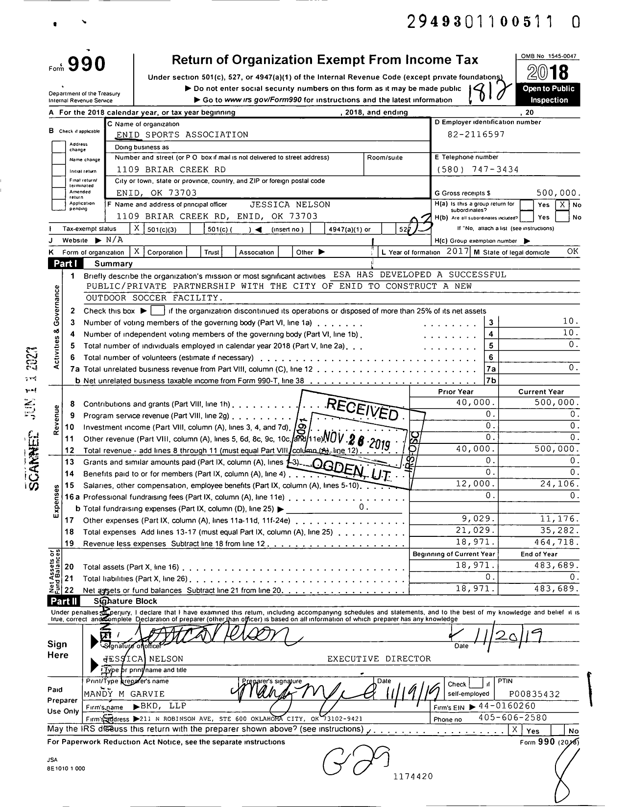 Image of first page of 2018 Form 990 for Enid Sports Association