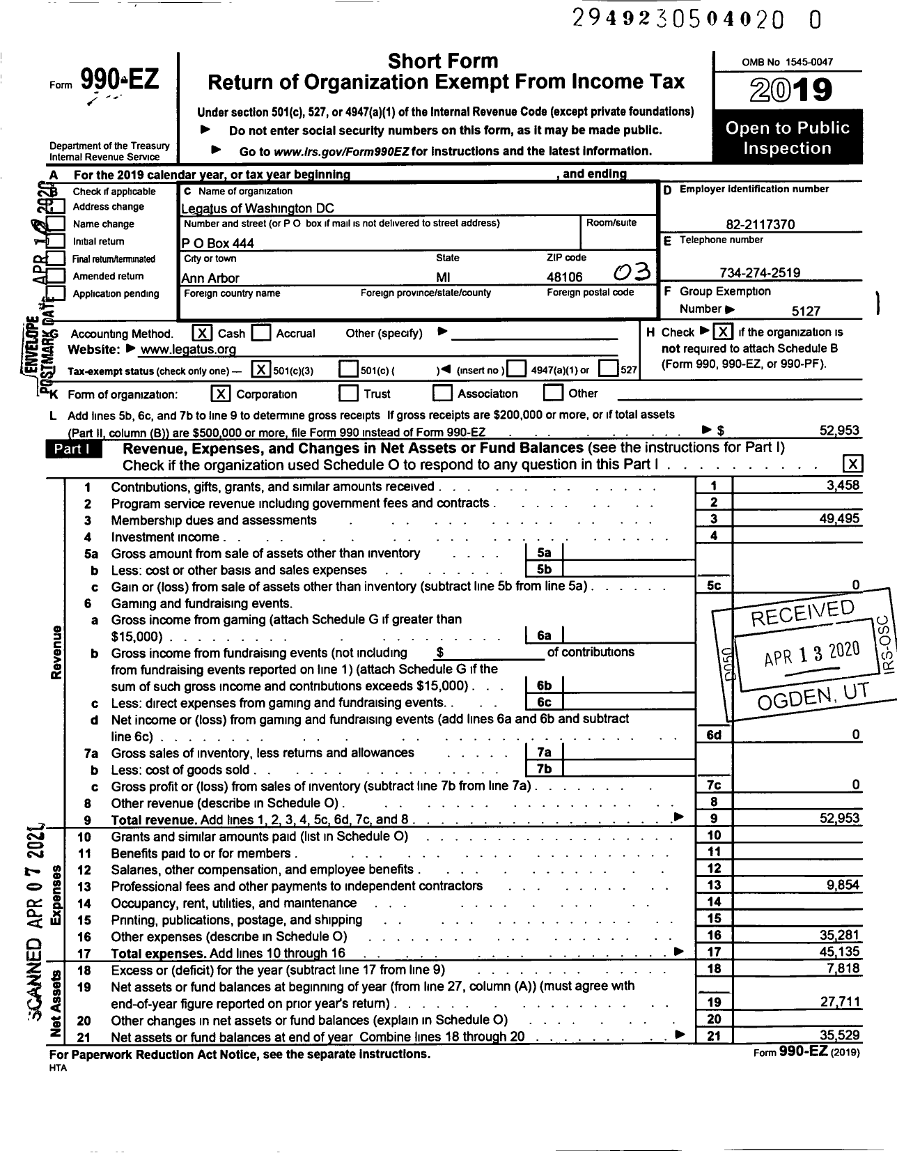 Image of first page of 2019 Form 990EZ for Legatus