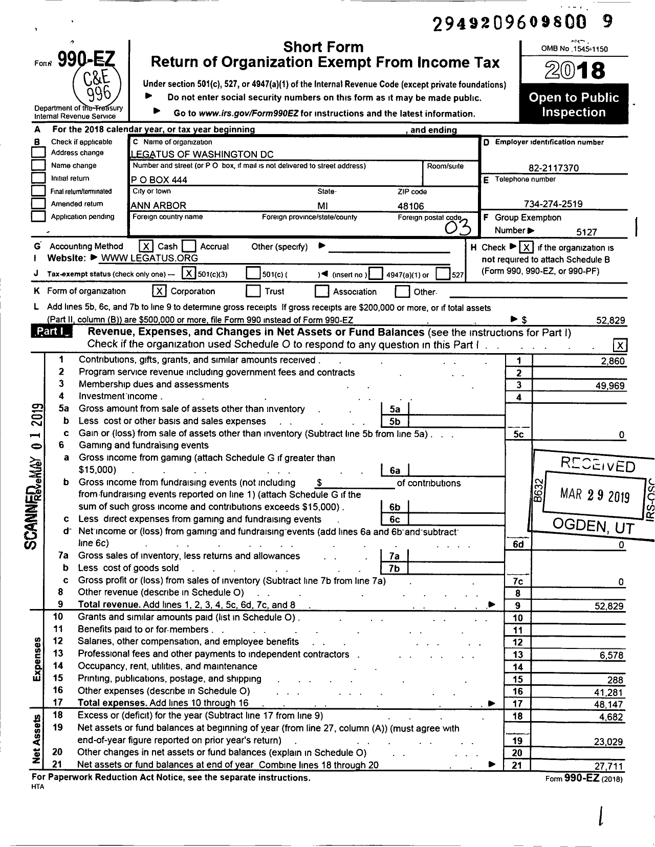 Image of first page of 2018 Form 990EZ for Legatus