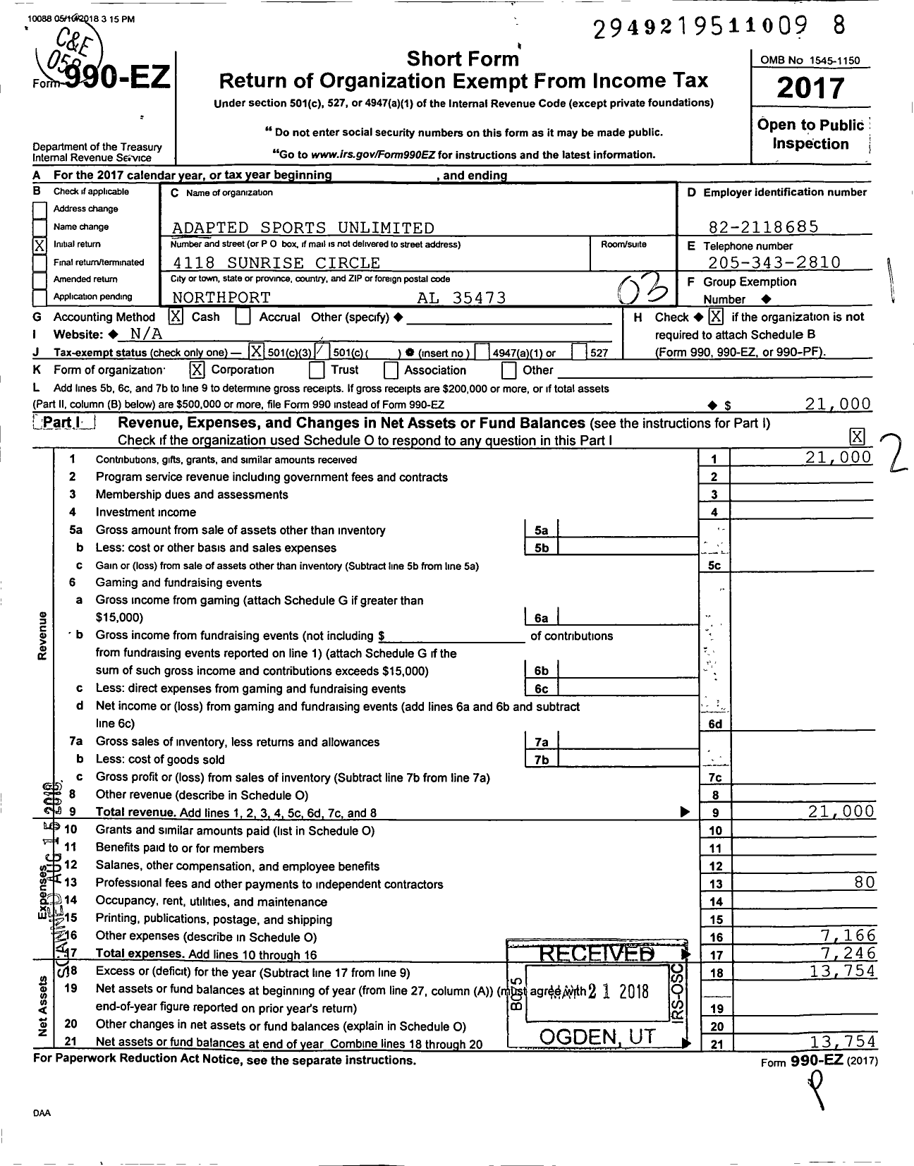 Image of first page of 2017 Form 990EZ for Adapted Sports Unlimited