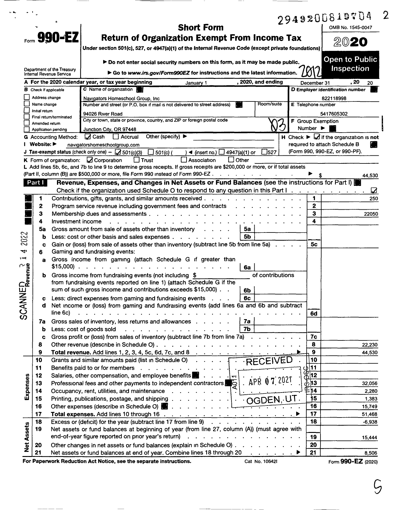 Image of first page of 2020 Form 990EZ for Navigators Homeschool Group