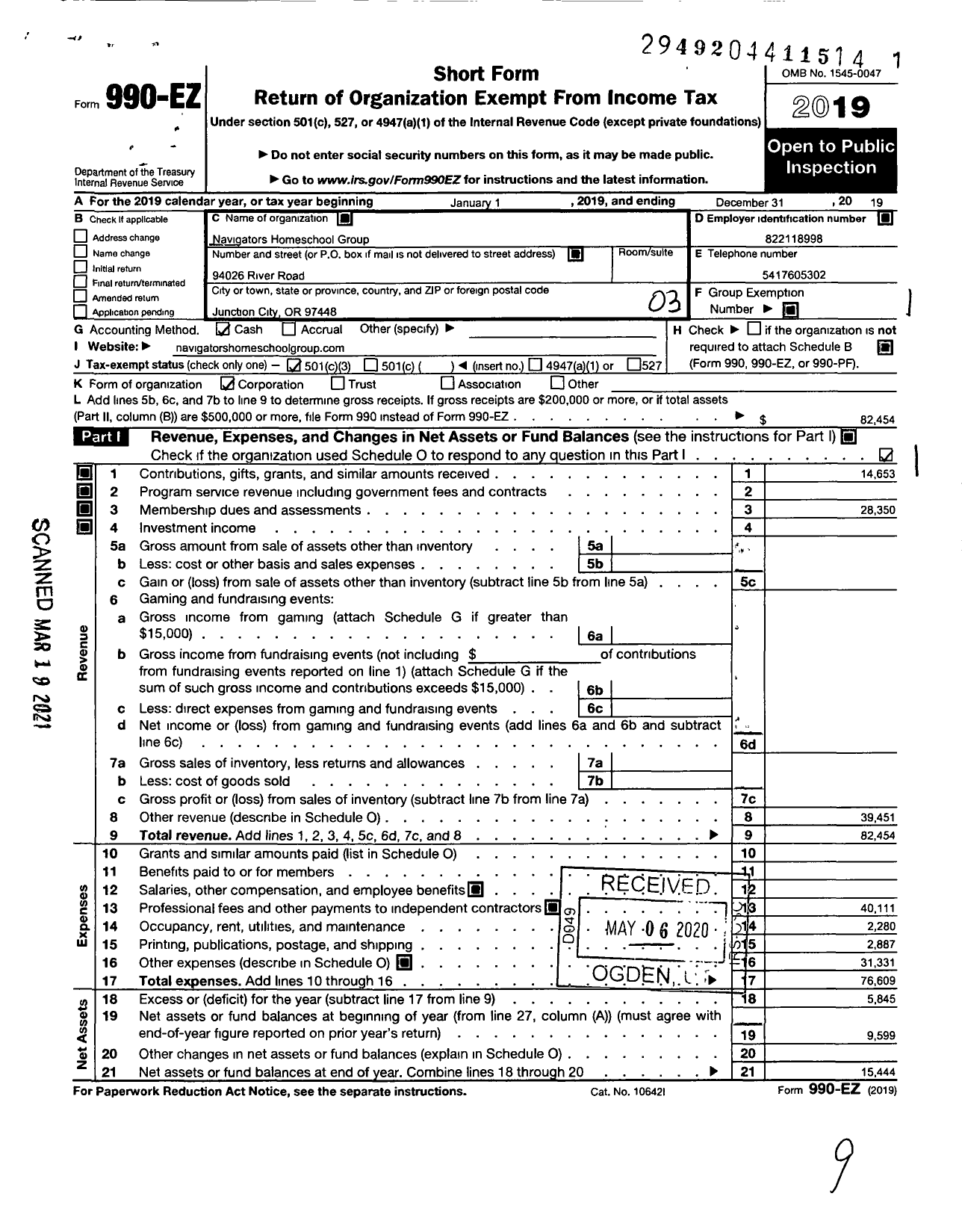 Image of first page of 2019 Form 990EZ for Navigators Homeschool Group