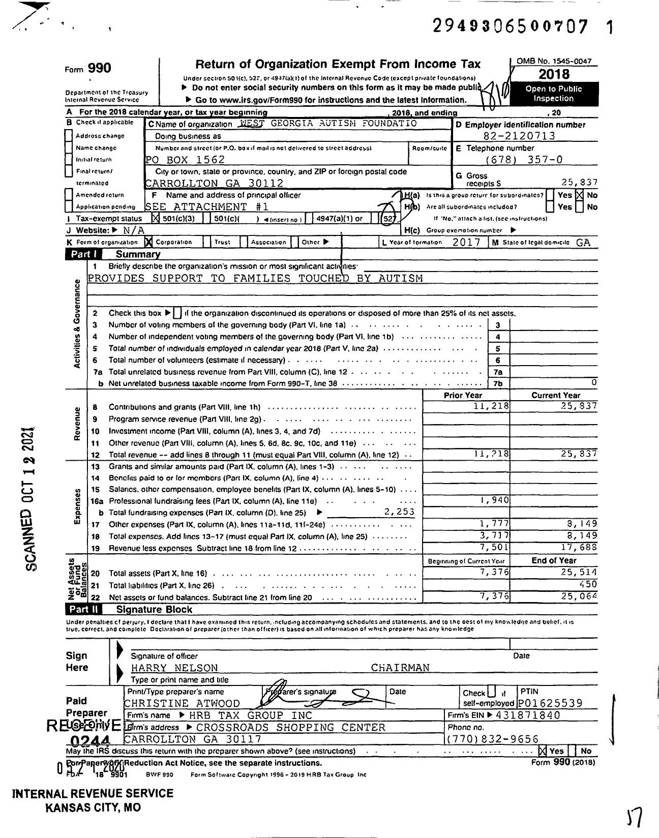 Image of first page of 2018 Form 990 for West Georgia Autism Foundation