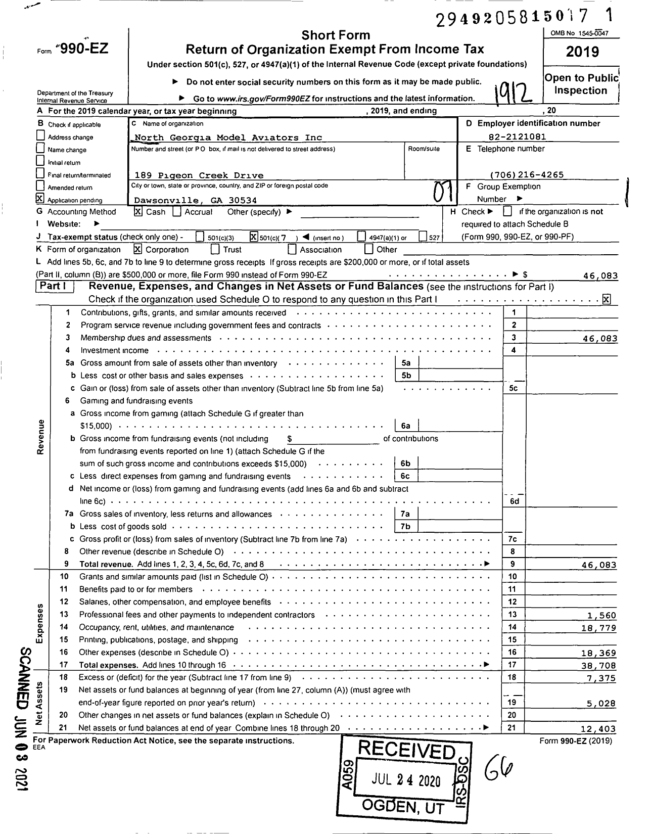 Image of first page of 2019 Form 990EO for North Georgia Model Aviators