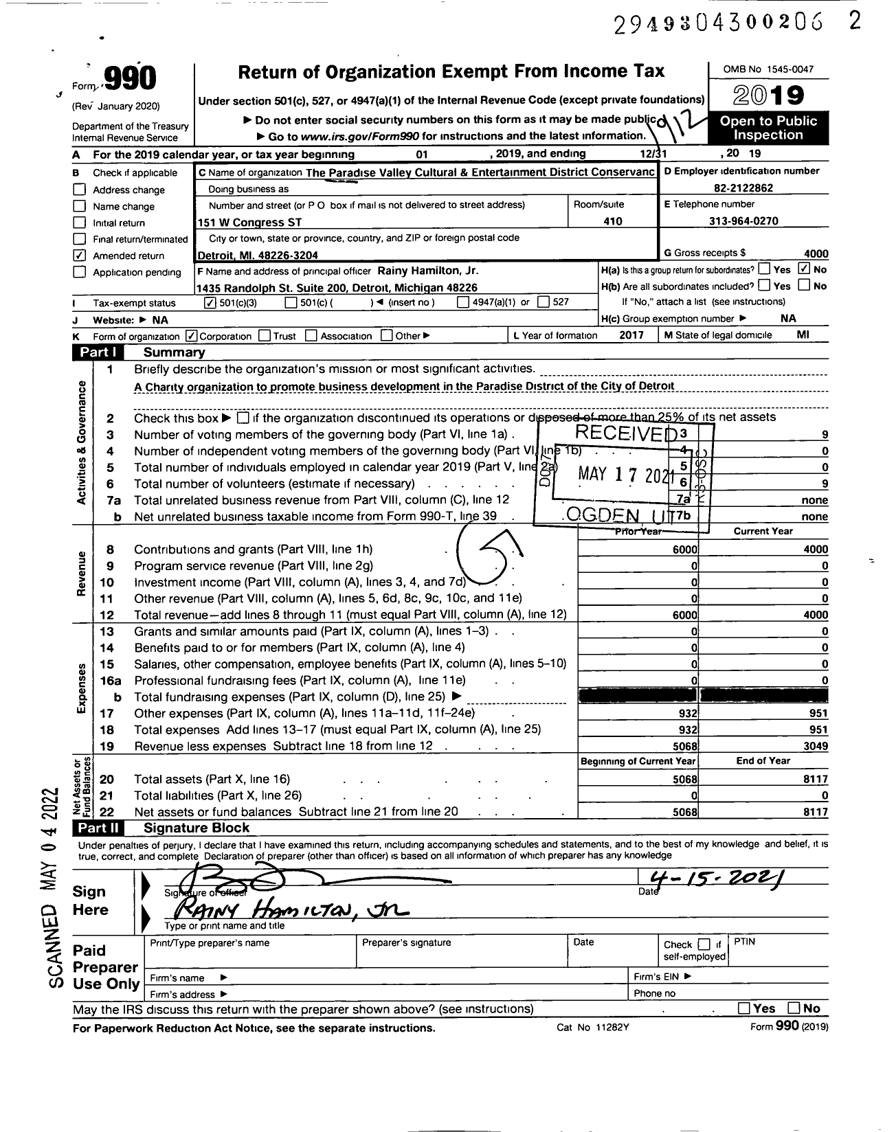 Image of first page of 2019 Form 990 for Paradise Valley Cultural and Entertainment District Conservancy