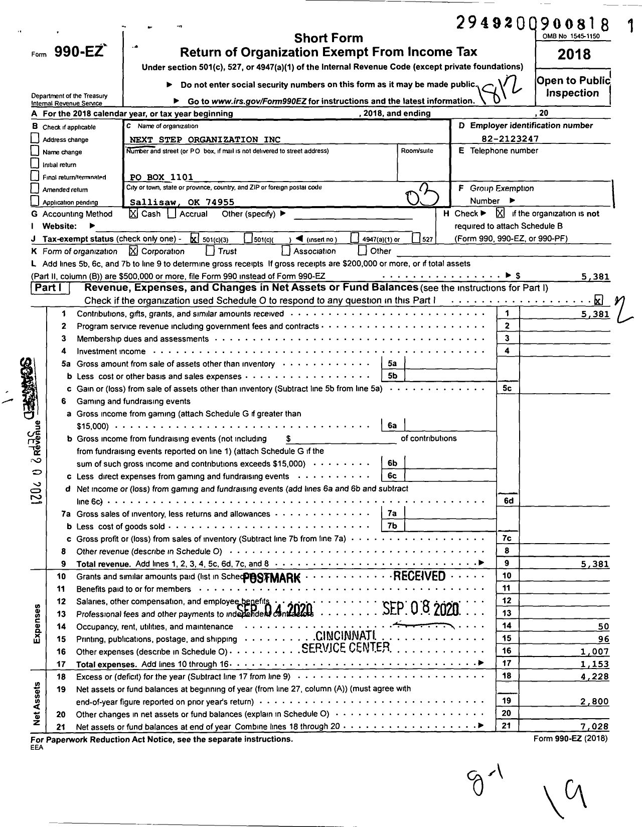 Image of first page of 2018 Form 990EZ for Next Step Organization