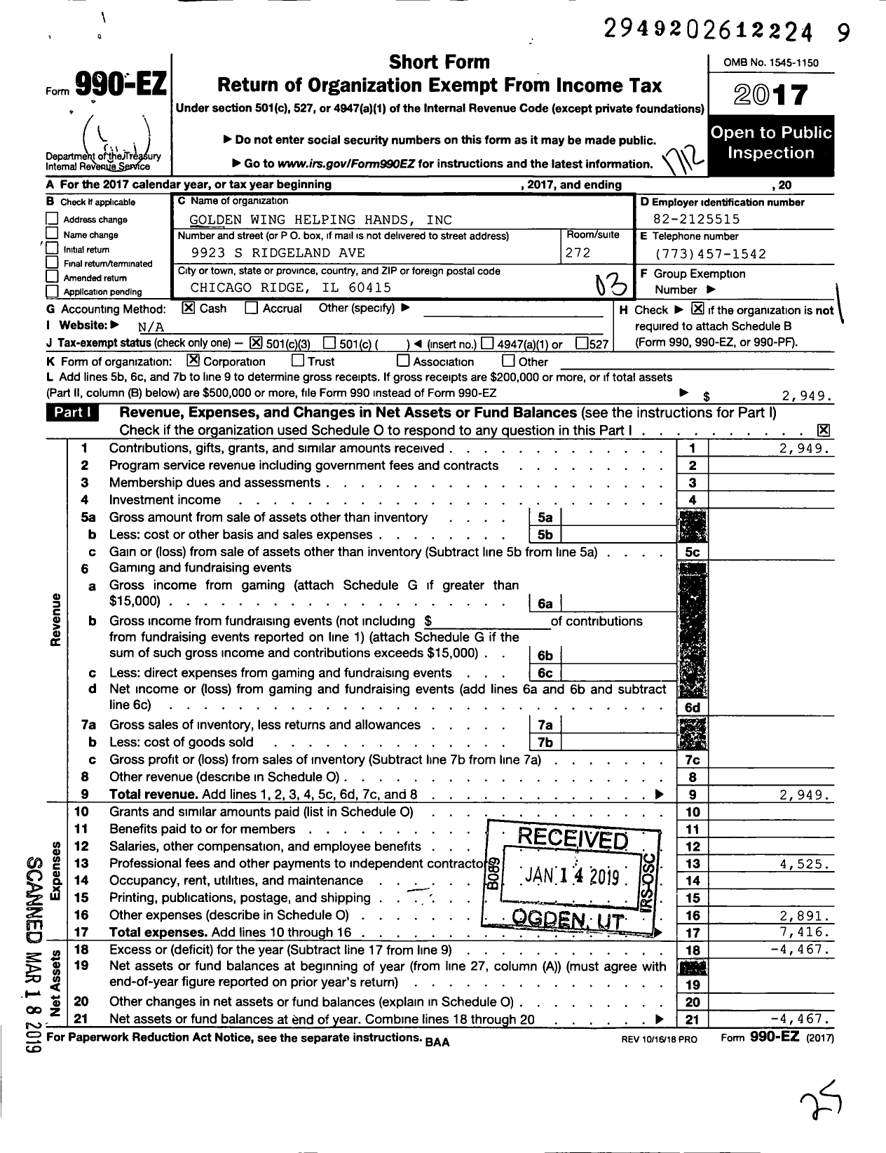 Image of first page of 2017 Form 990EZ for Golden Wing Helping Hands