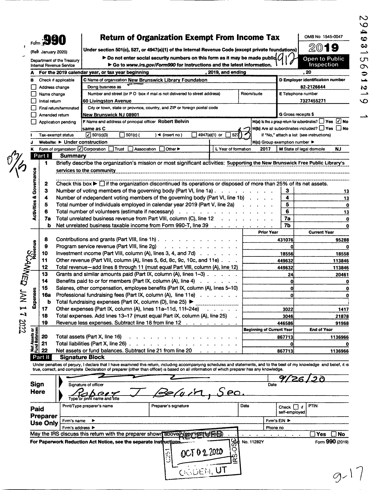 Image of first page of 2019 Form 990 for New Brunswick Library Foundation