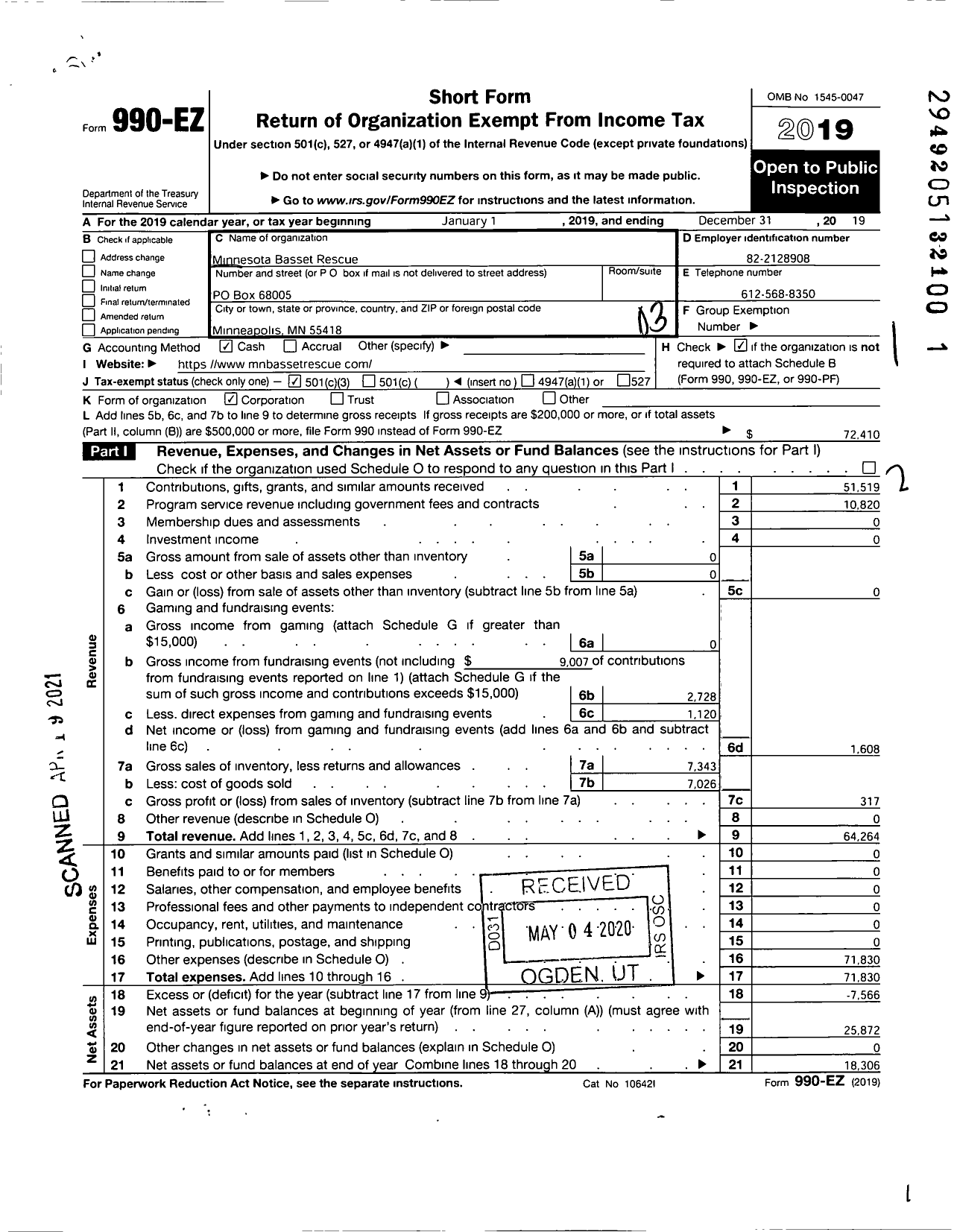 Image of first page of 2019 Form 990EZ for Minnesota Basset Rescue