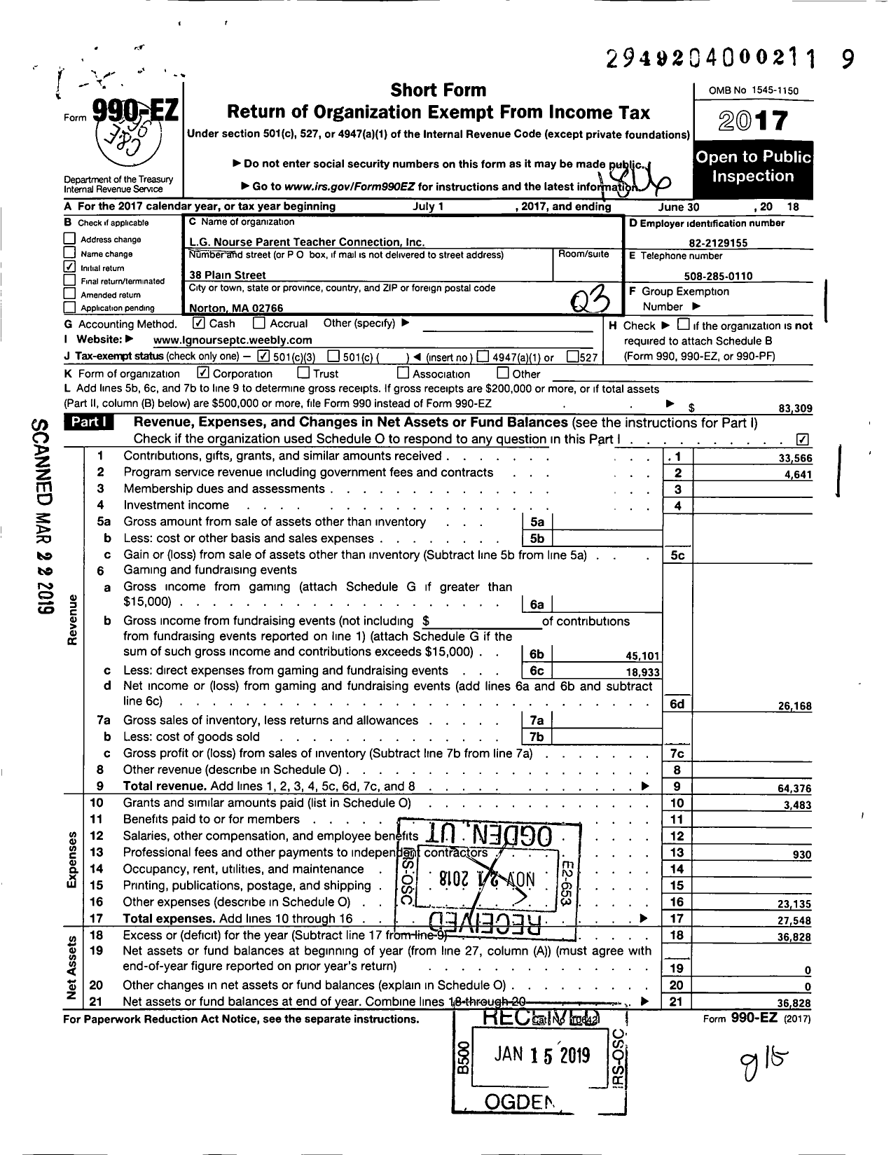 Image of first page of 2017 Form 990EZ for LG Nourse Parent Teacher Connection