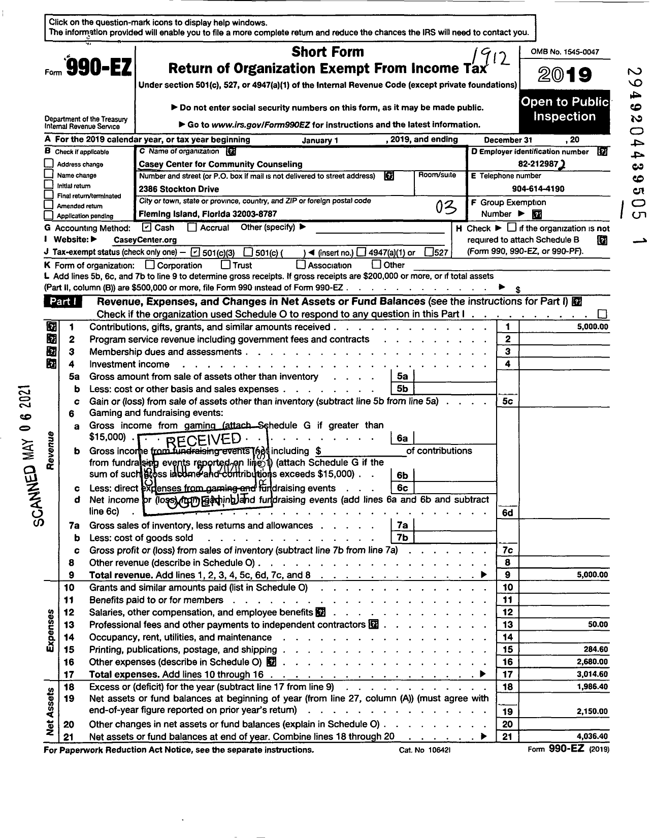 Image of first page of 2019 Form 990EZ for Casey Center for Community Counseling