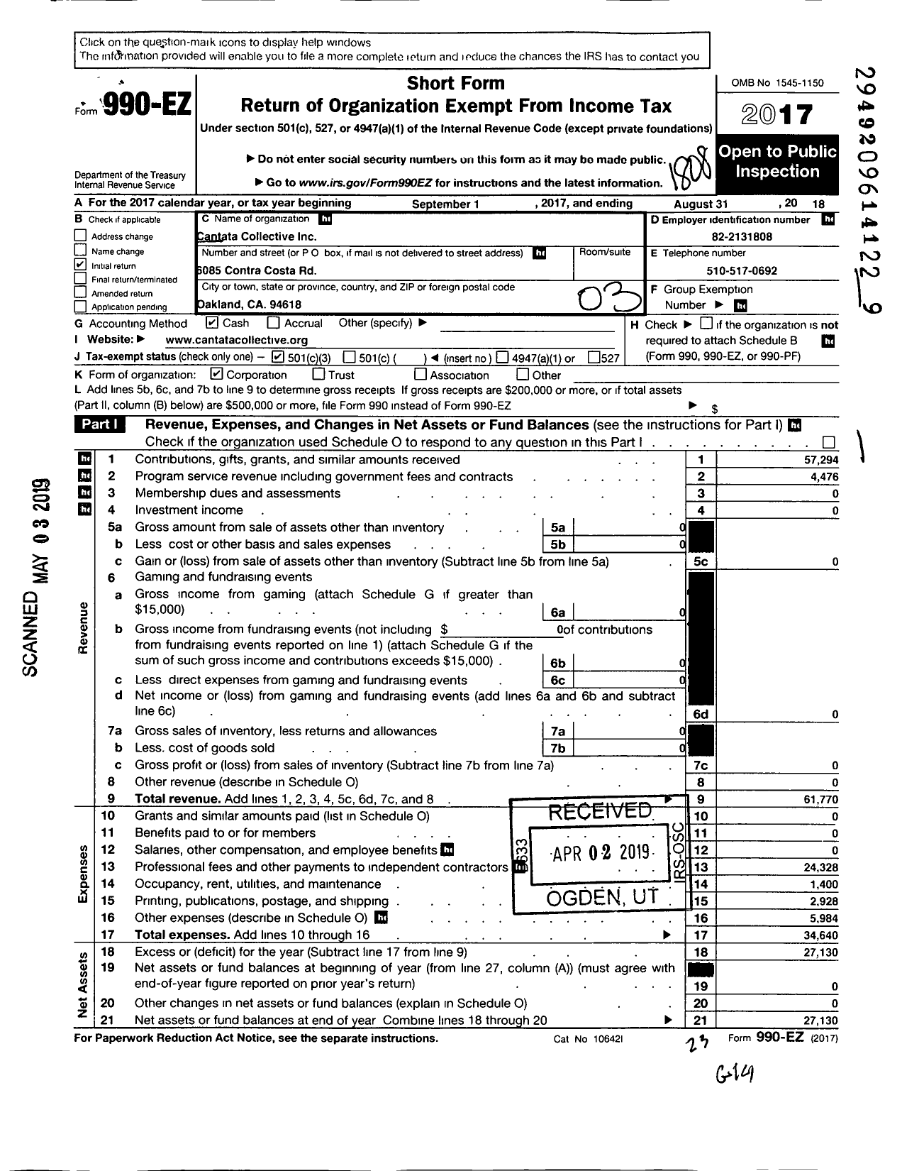 Image of first page of 2017 Form 990EZ for Cantata Collective