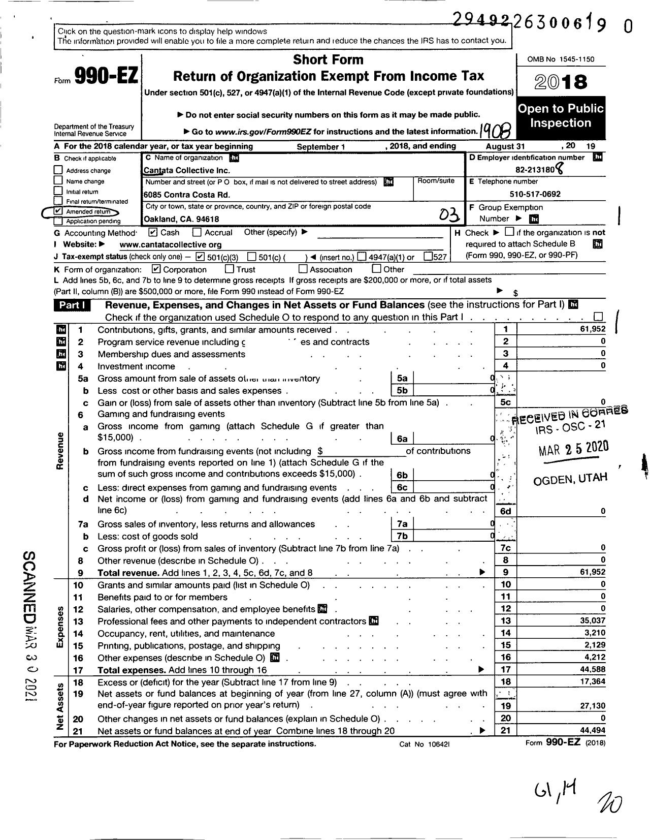 Image of first page of 2018 Form 990EZ for Cantata Collective